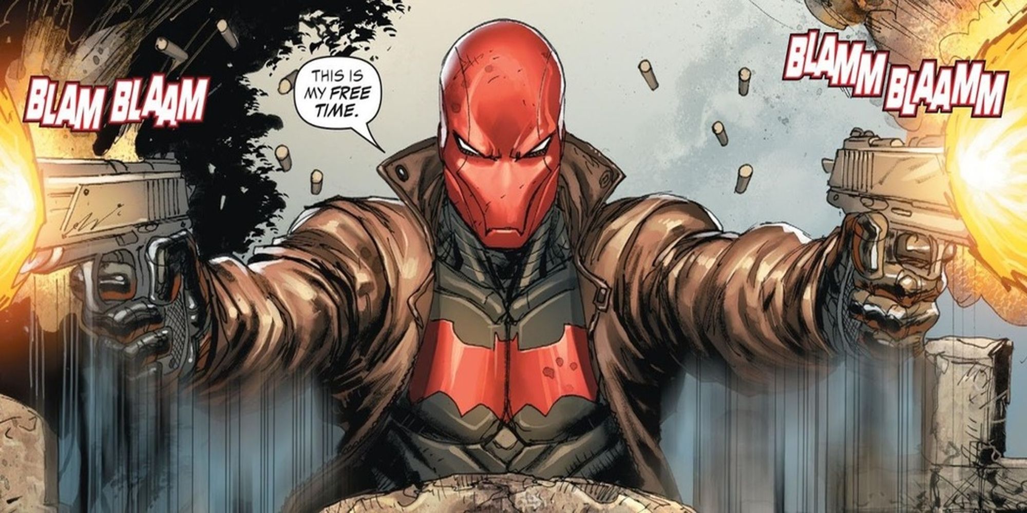 O Capuz Vermelho disparando uma arma em cada mão nos quadrinhos da DC