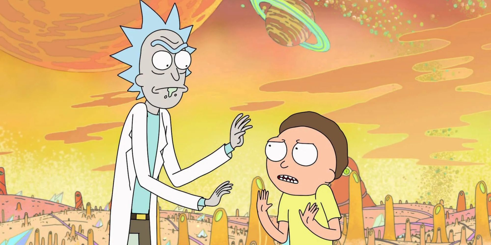 Rick and Morty argue on an alien planet