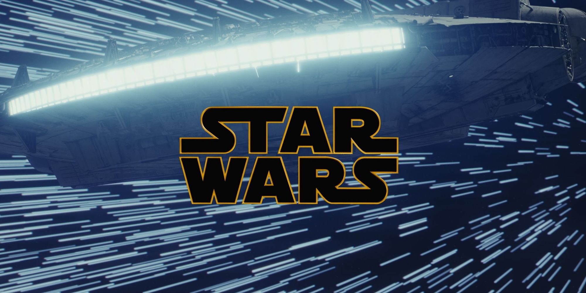 Gambar Millenium Falcon di hyperspace ada di belakang logo Star Wars, dengan garis kuning