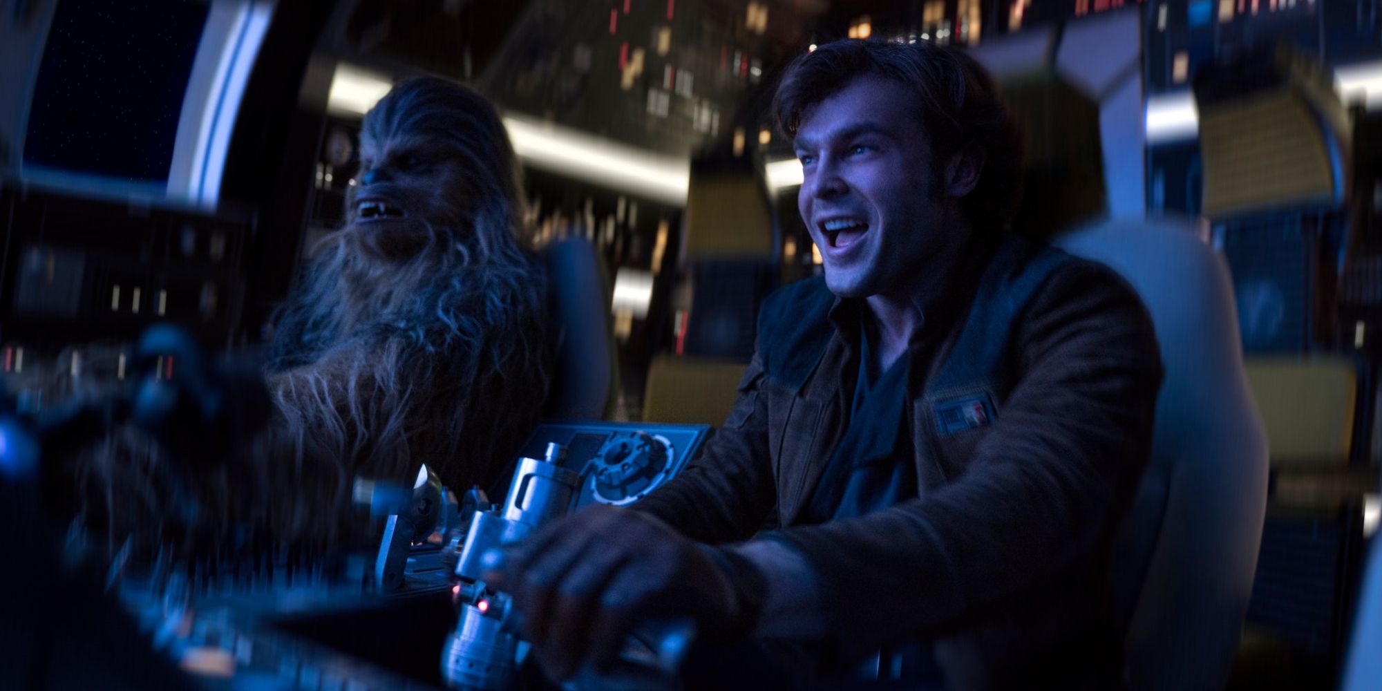 Han Solo (Alden Ehrenreich) and Chewbacca in the cockpit of the Millennium Falcon in 'Solo: A Star Wars Story' (2018)