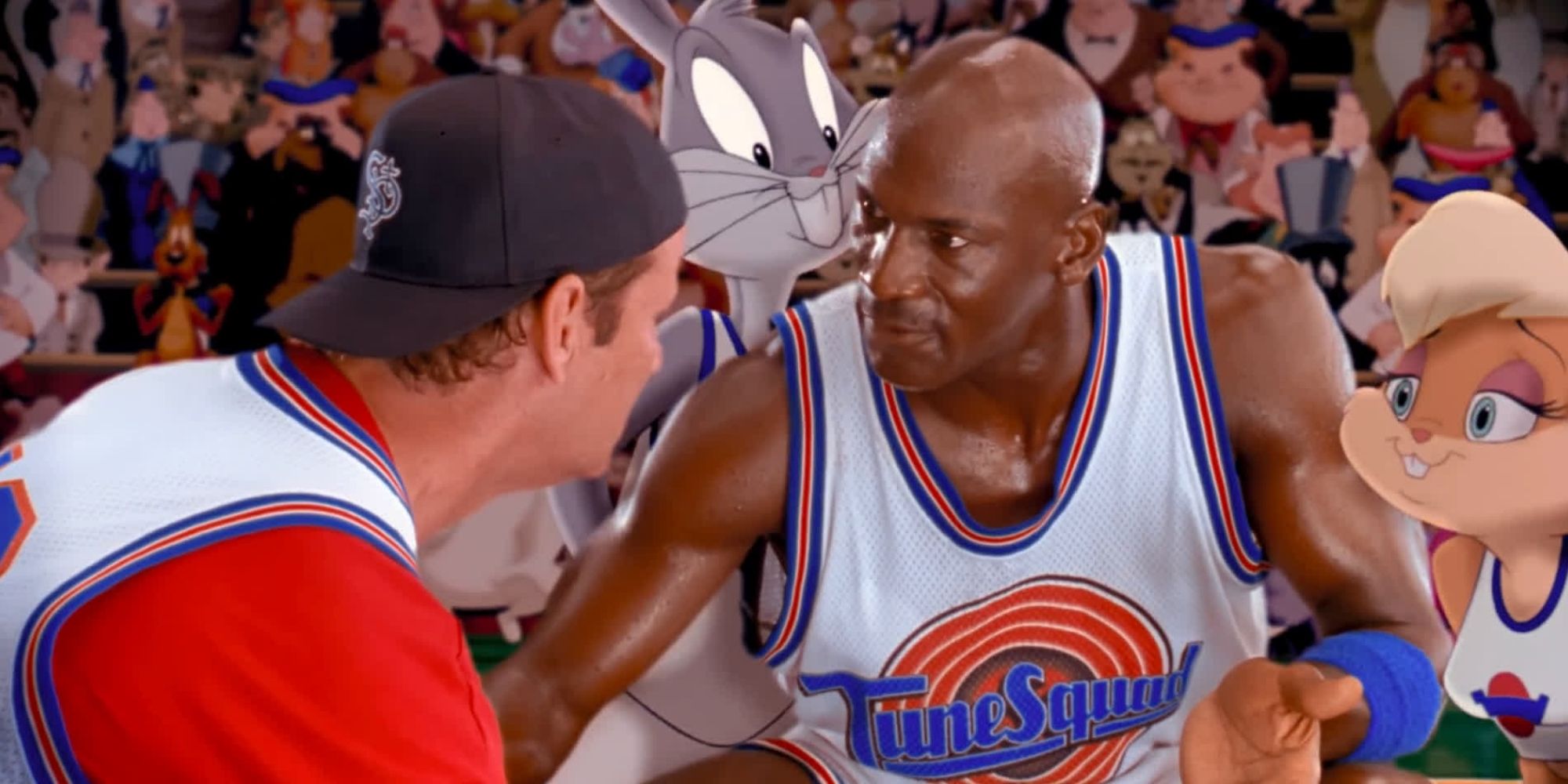 Bill Murray, Bugs Bunny, Michael Jordan and Lola Bunny talking strategy in 'Space Jam' (1996)