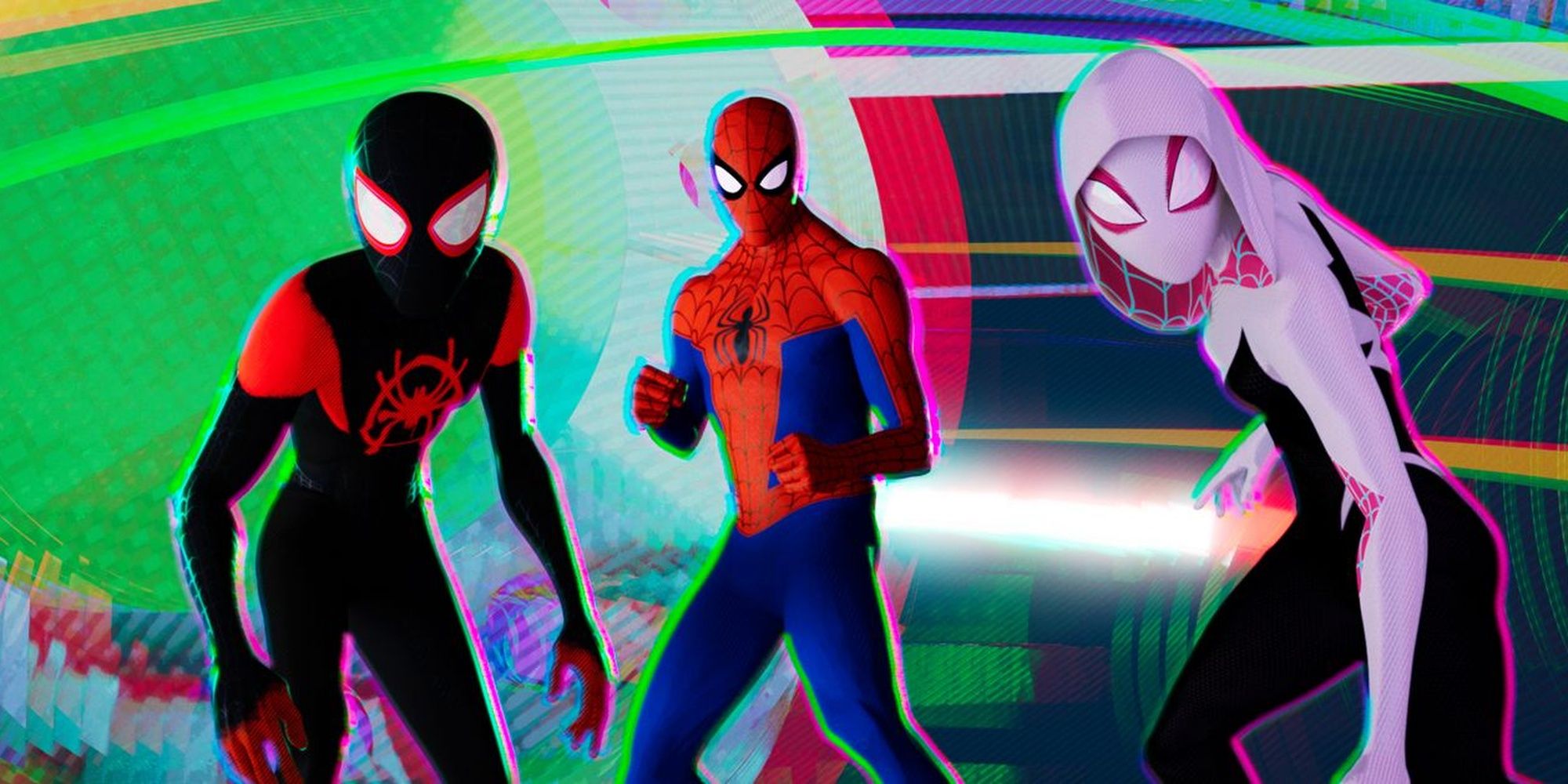 Miles Morales, Peter B. Parker, and Gwen Stacy in costume standing together.