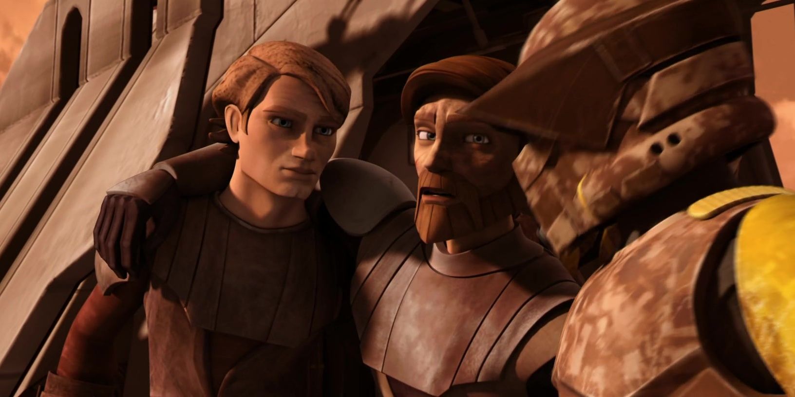 An injured Obi-Wan is assisted by Anakin Skywalker and Clone Sinker. His face is dirty and pained.