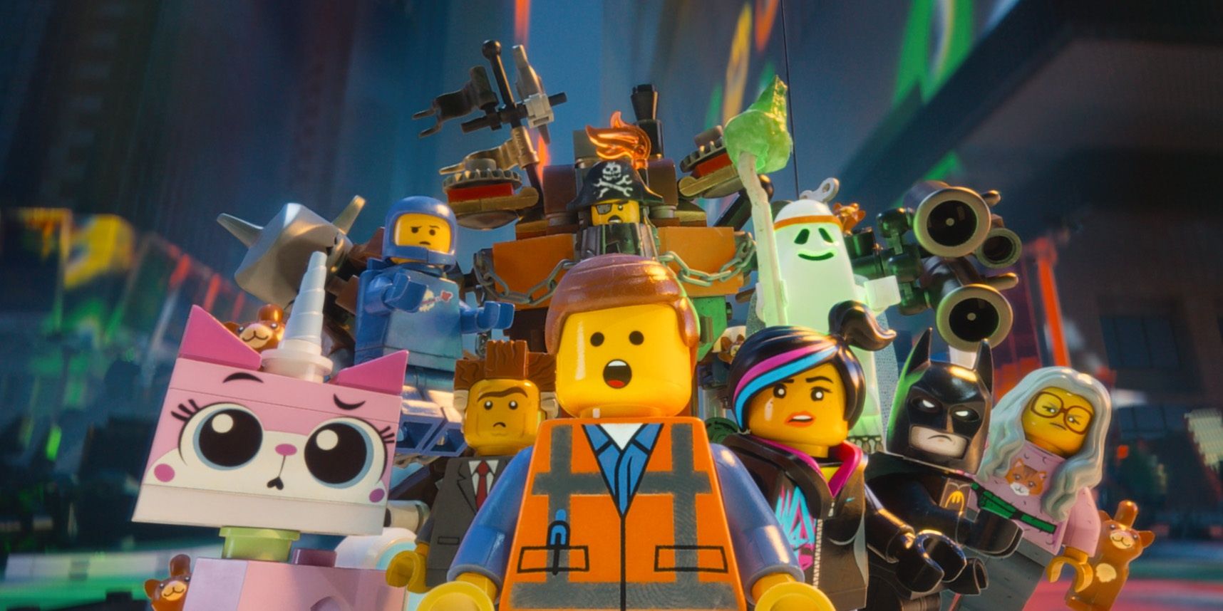 The main characters of The Lego Movie together looking surprised