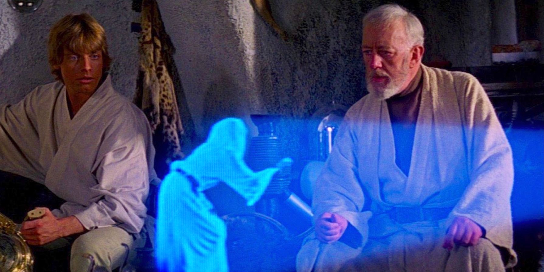 Obi-Wan Kenobi watches Princess Leia's Message with R2D2 and Luke Skywalker
