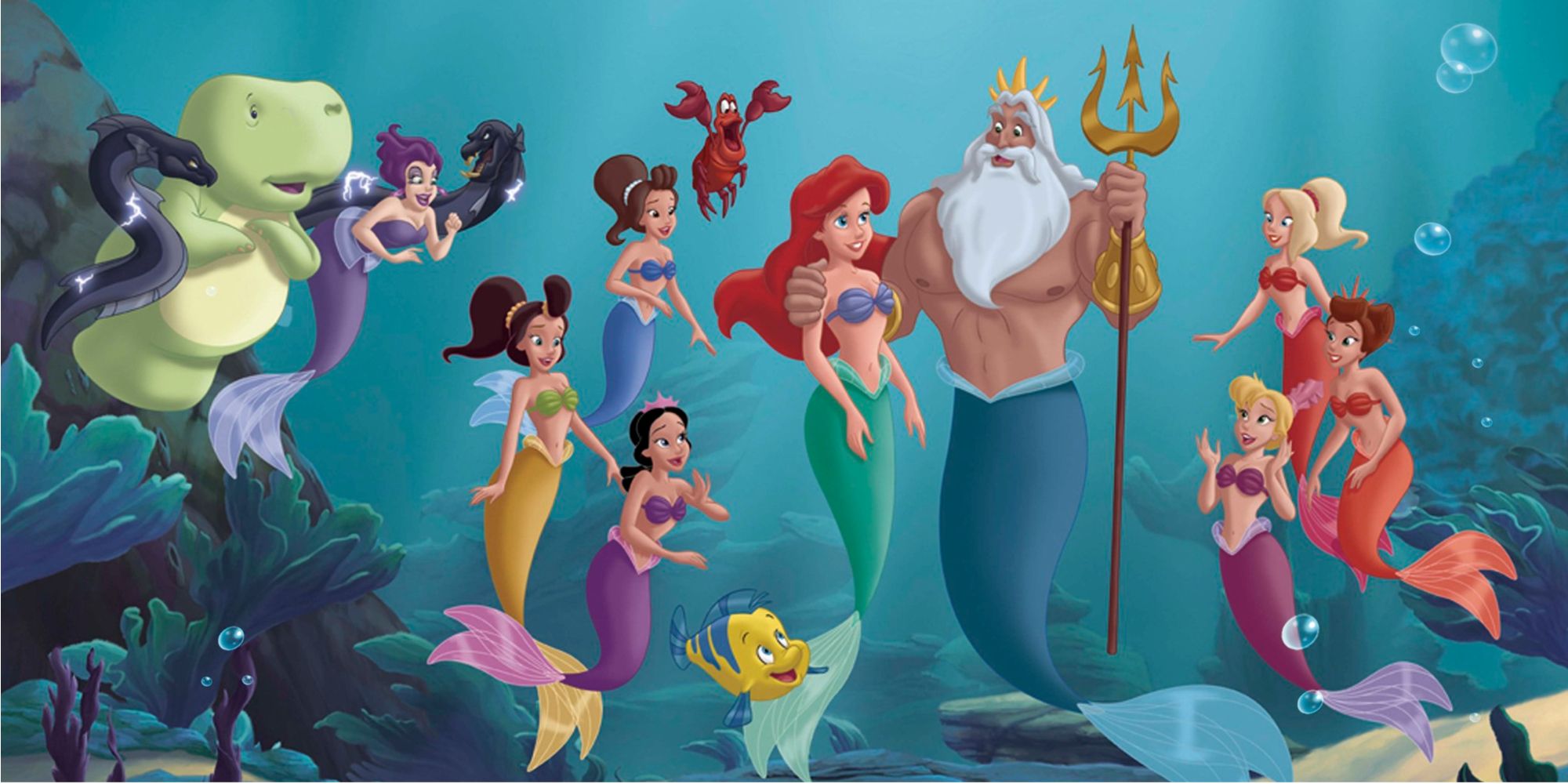 Ariel and King Triton smiling as Flounder, Sebastian, and Ariel's sisters surround them in The Little Mermaid 3: Ariel's Beginning