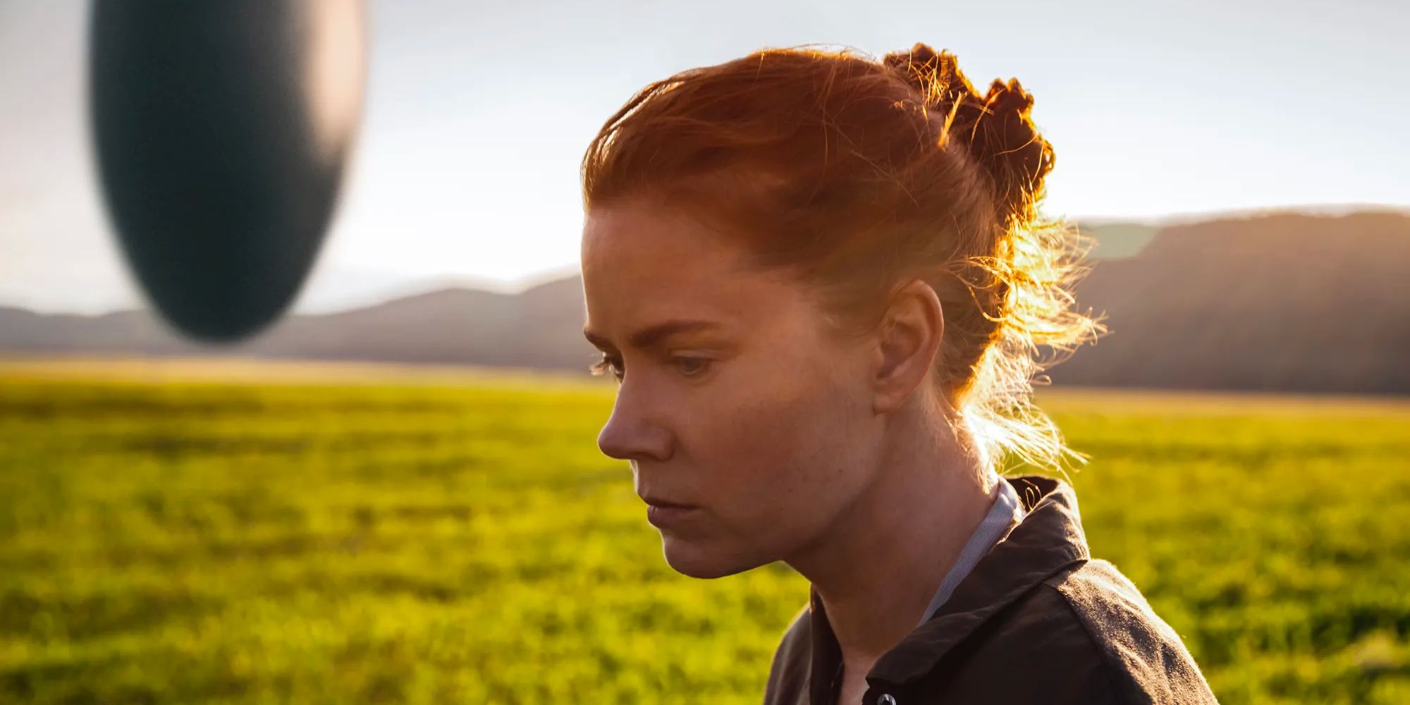 In Arrival, Louise Banks (Amy Adams) stands on a meadow in front of an alien spaceship. 