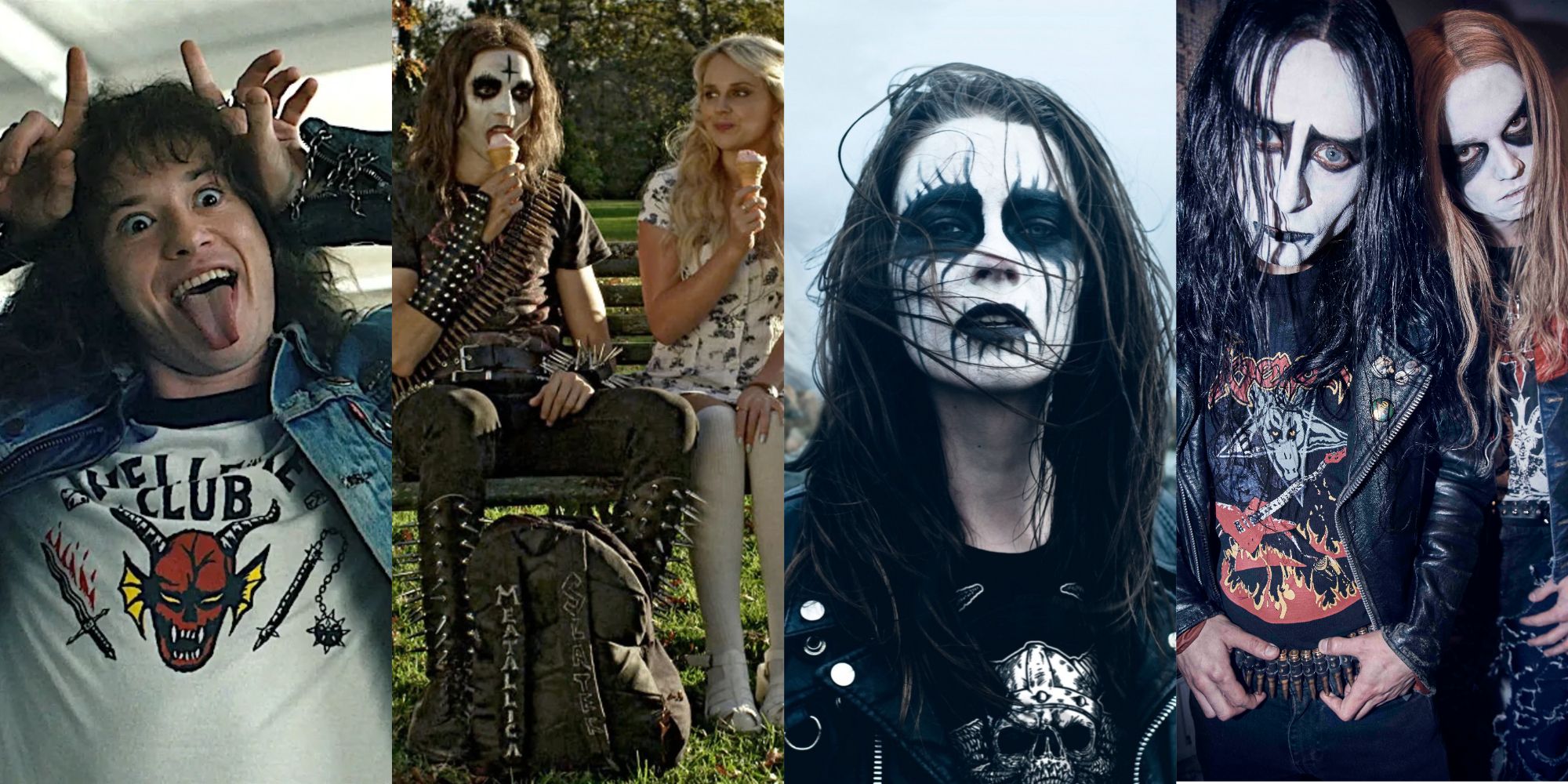 Stranger Things' Eddie Munson, Deathgasm's Zakk, Metalhead's Hera, and Lords of Chaos' Euronymous.