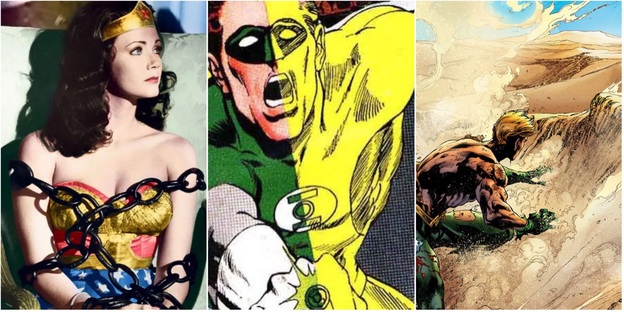 Wonder Woman in bondage, Green Lantern overcome by yellow, and Aquaman in the desert with no water