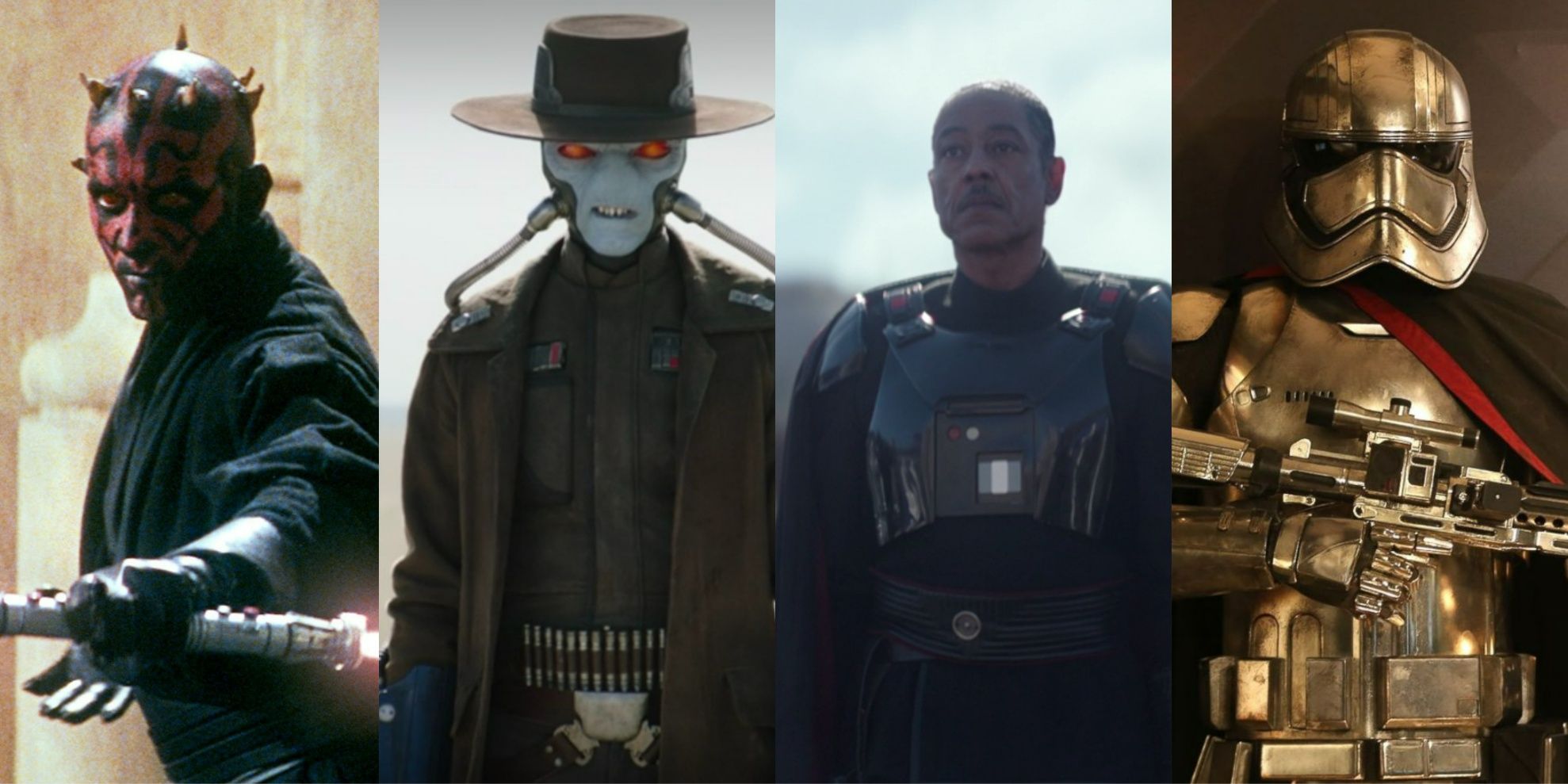 Images of four Star Wars Villans appear side by side, Darth Maul, Cad Bane, Moff Gideon, and Captain Phasma