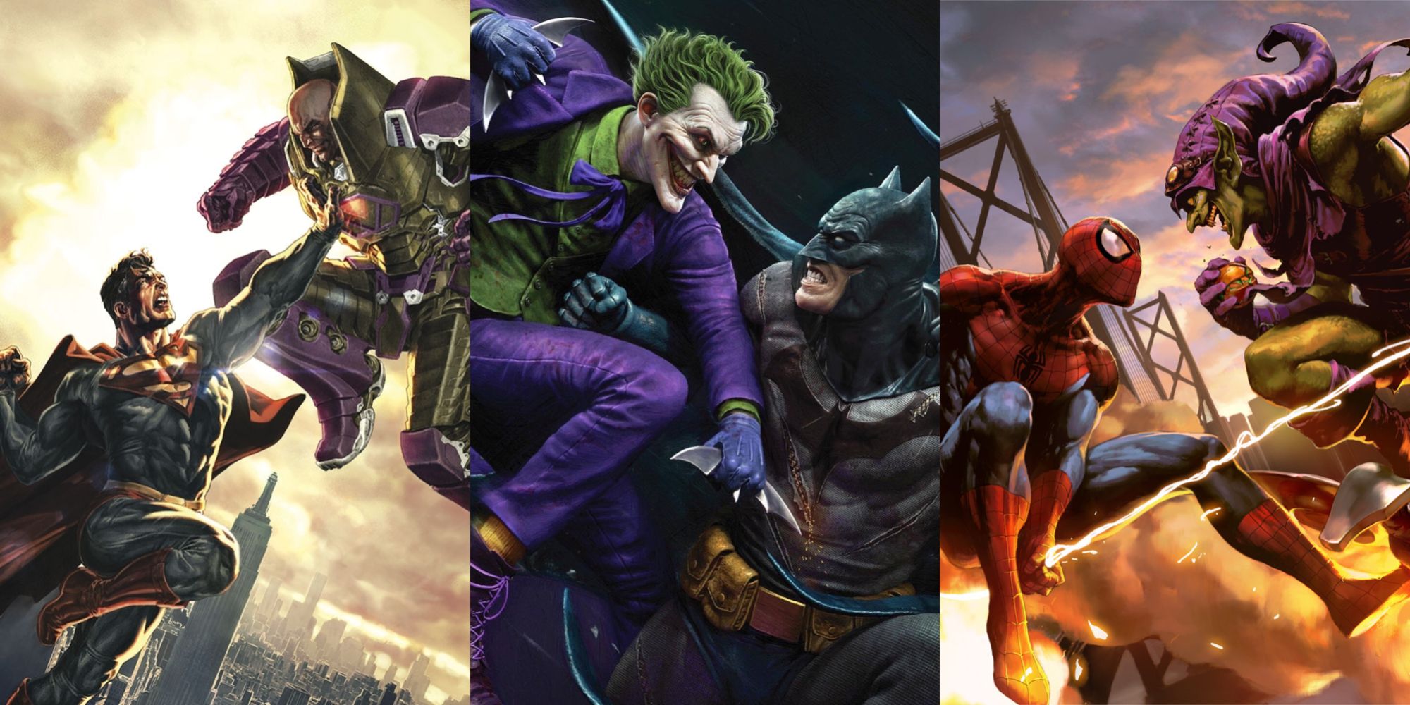 Superman and Lex Luthor, Batman and Joker, Spider-Man and Green Goblin
