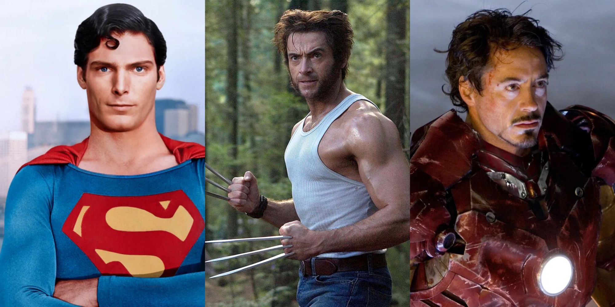 Christopher Reeve as Superman, Hugh Jackman as Wolverine, and Robert Downey Jr. as Iron Man
