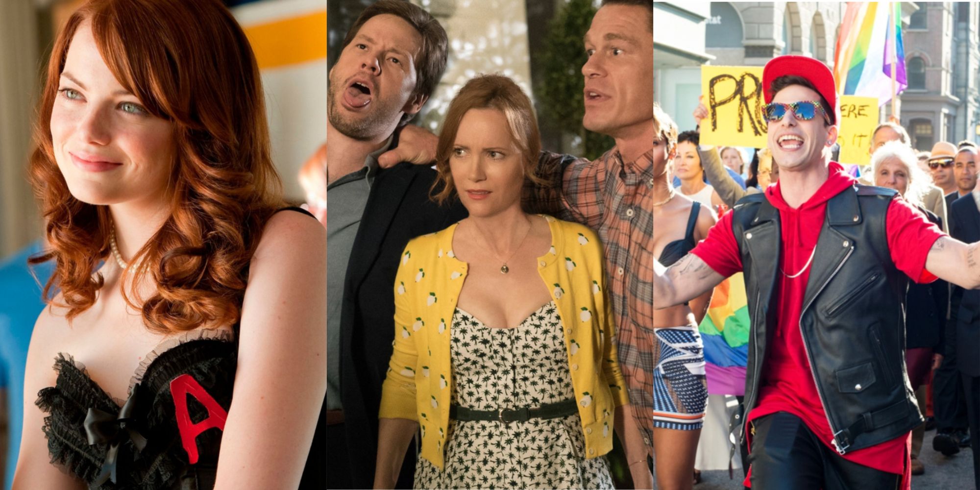 Emma Stone in Easy A, Ike Barinholtz, Leslie Mann and John Cena in Blockers, and Andy Samberg in Popstar: Never Stop Never Stopping