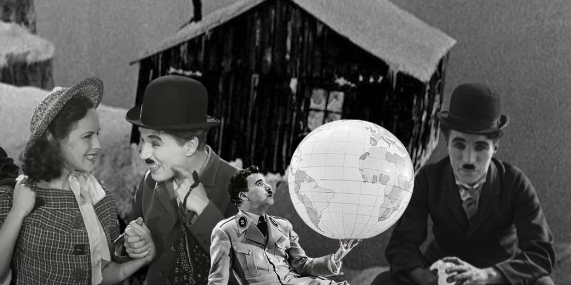 Collage of The Gold Rush, Modern Times, The Great Dictator, and The Circus