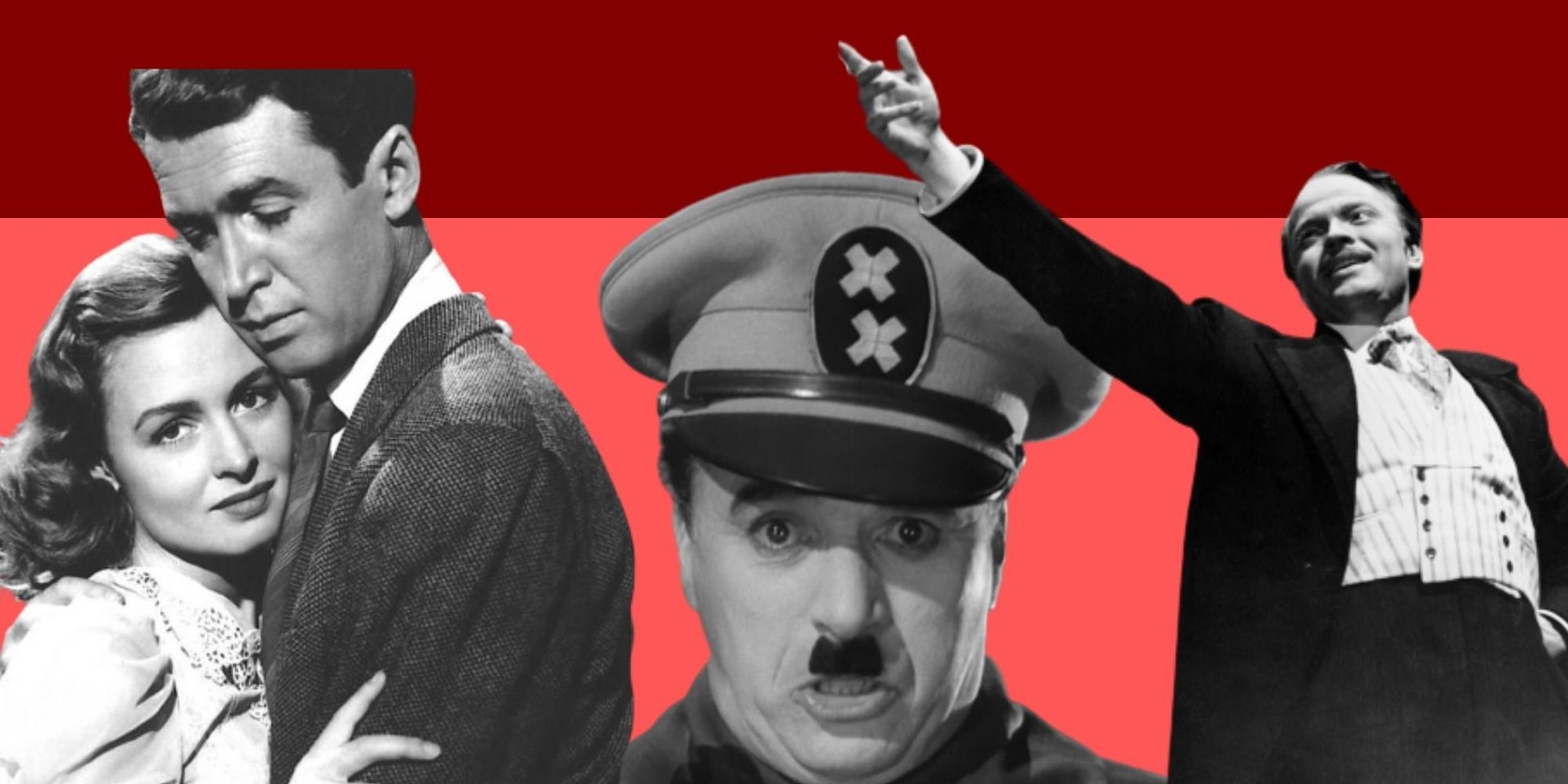 Collage of images from Its a Wonderful Life, The Great Dictator, and Citizen Kane