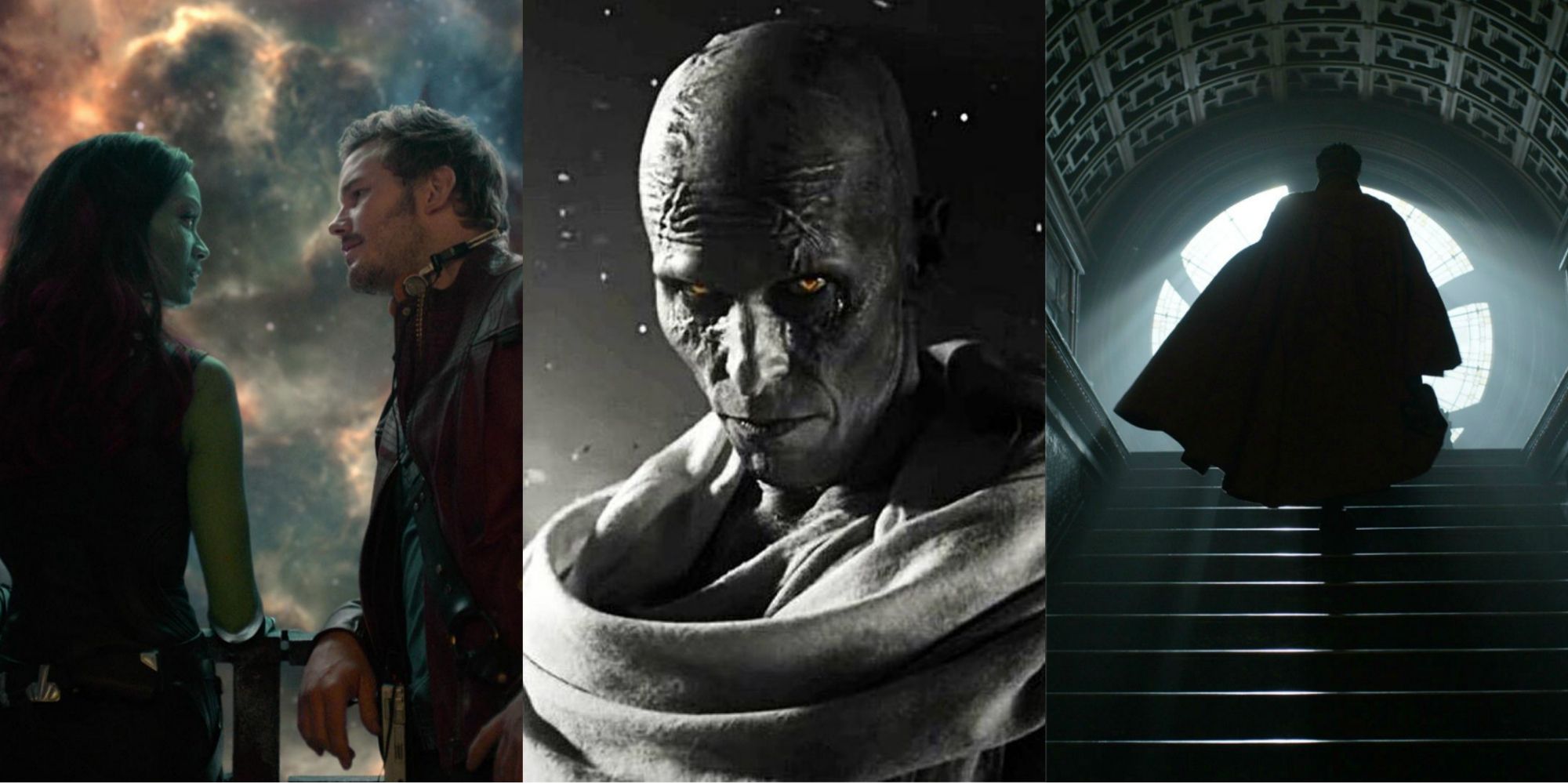 a collage of stills from Guardians of the Galaxy, Thor Love and Thunder, and Doctor Strange