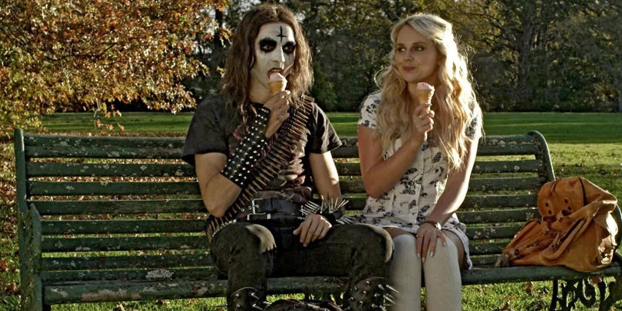 A metalhead and a noticeably non-metal girl eat ice cream together in Deathgasm