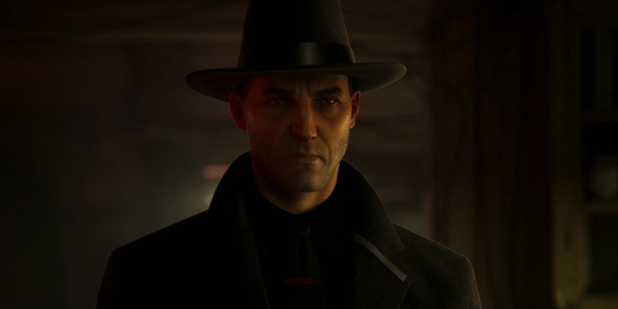 a detective with an ominous expression wearing all-black clothes and a hat