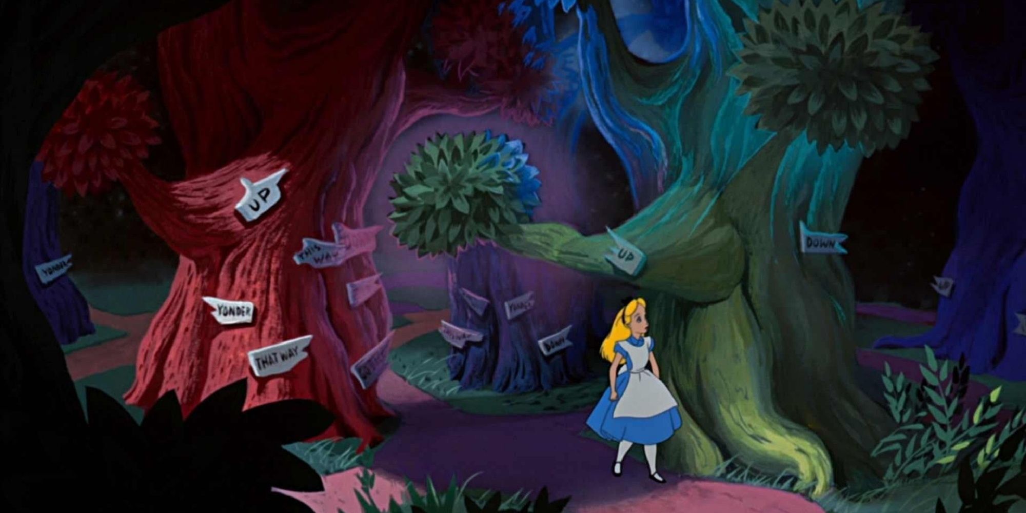 Alice walking through the forest in Wonderland.