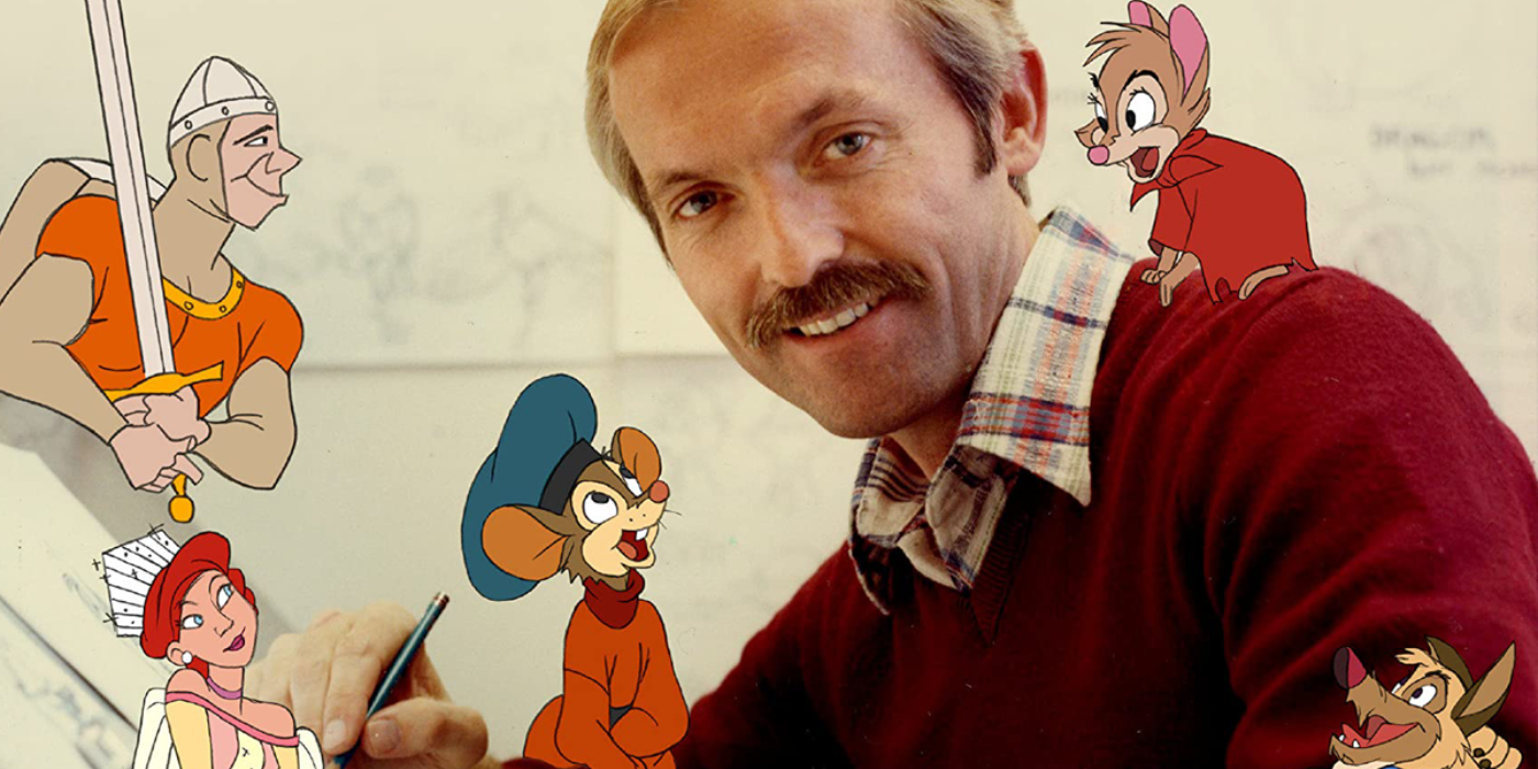 Don Bluth surrounded by some of his characters: Mrs. Brisby, Charlie, Fievel Mousekewitz, Anastasia Romanoff, and Dirk the Daring