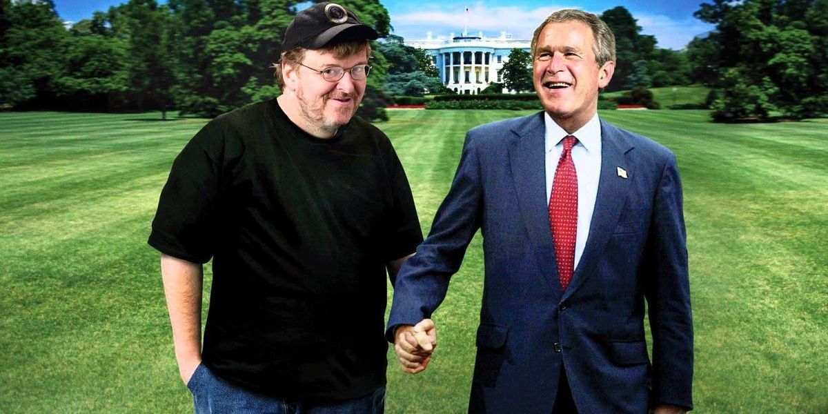 Fahrenheit 9/11, Michael Moore, GW BUSH, White House lawn, Holding Hands
