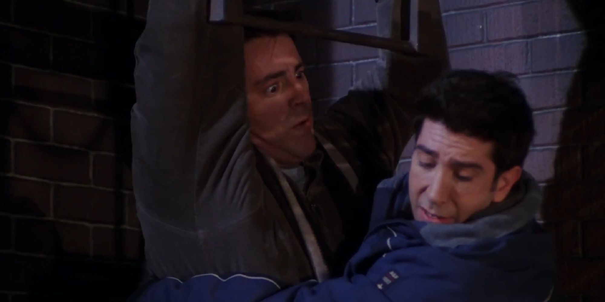 Joey and Ross attempting to go down the fire escape