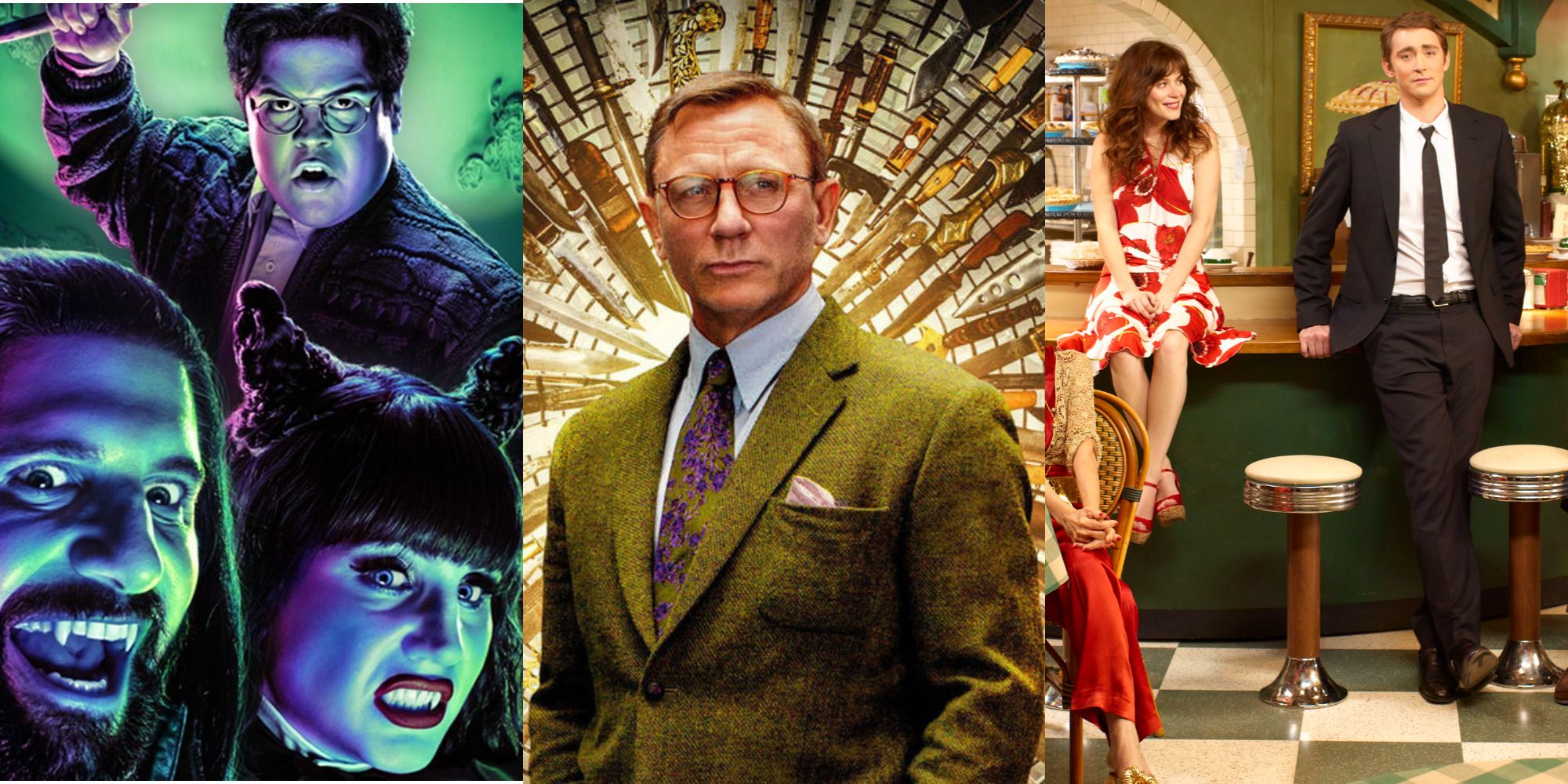 Split Image: What We Do In The Shadows promo photo; Daniel Craig in Knives Out standing in front of a chair made of knives pointing toward him; Pushing Daisies cast promo photo