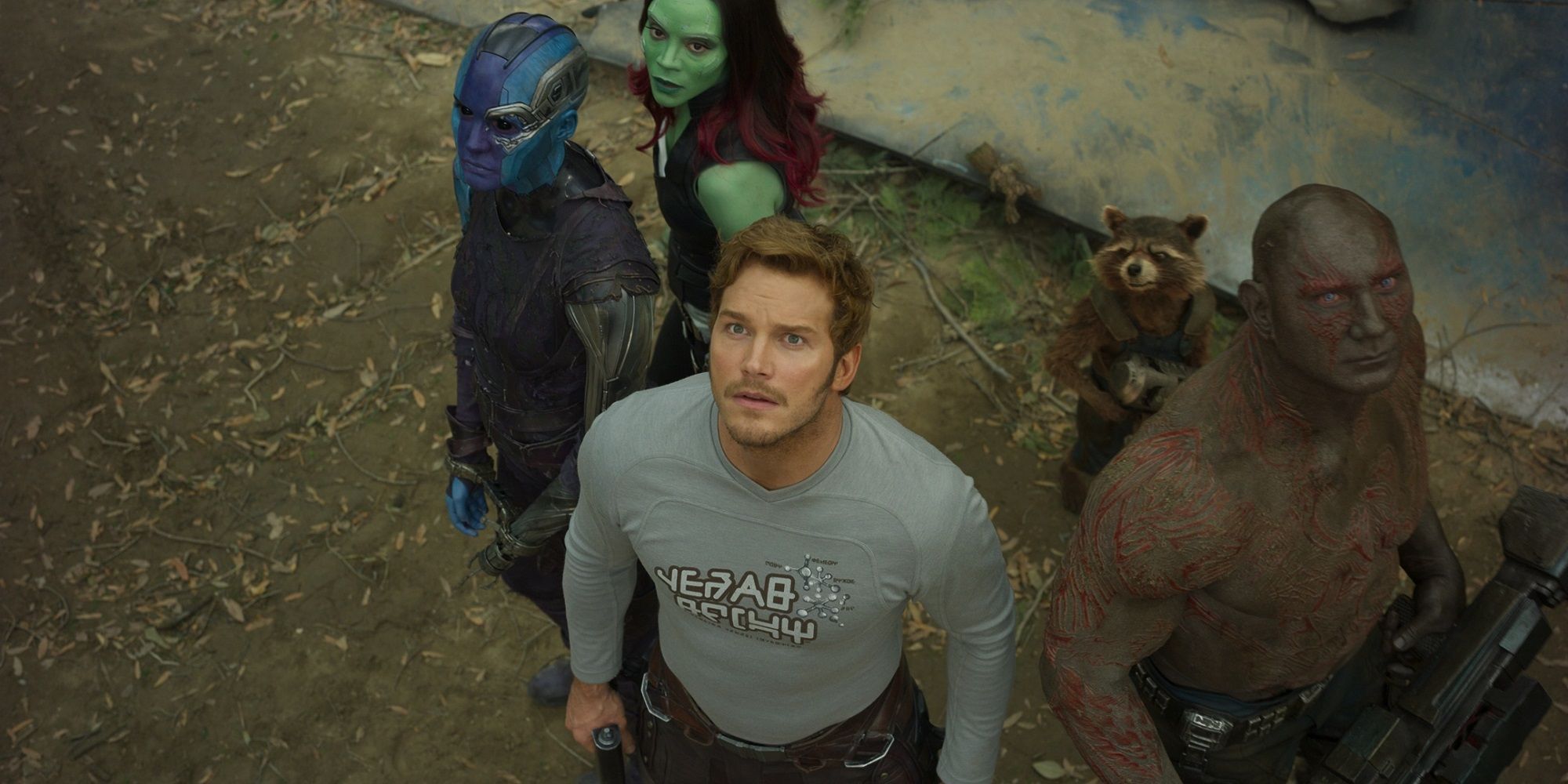 The Guardians of the Galaxy standing around in a circle