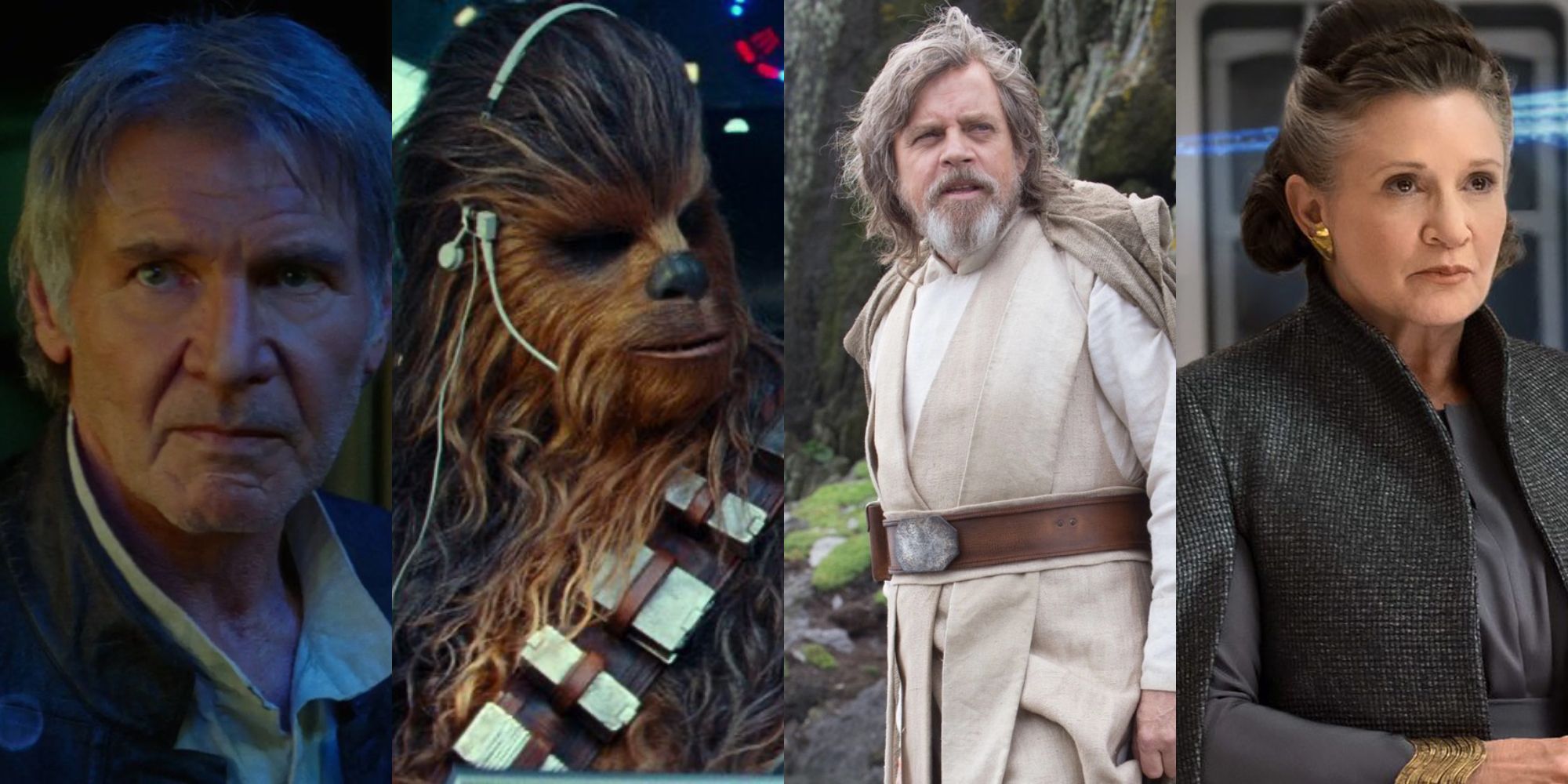 Image fractionnée montrant Han Solo, Chewbacca, et Luke et Leia Skywalker dans Star Wars.