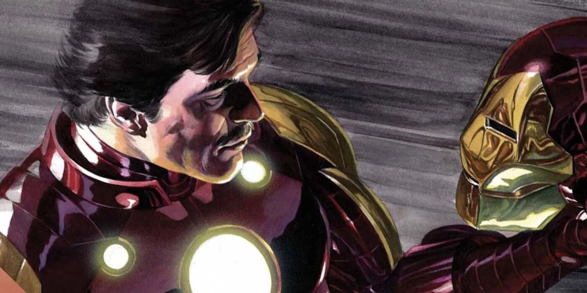 Tony Stark olha para seu capacete do Homem de Ferro