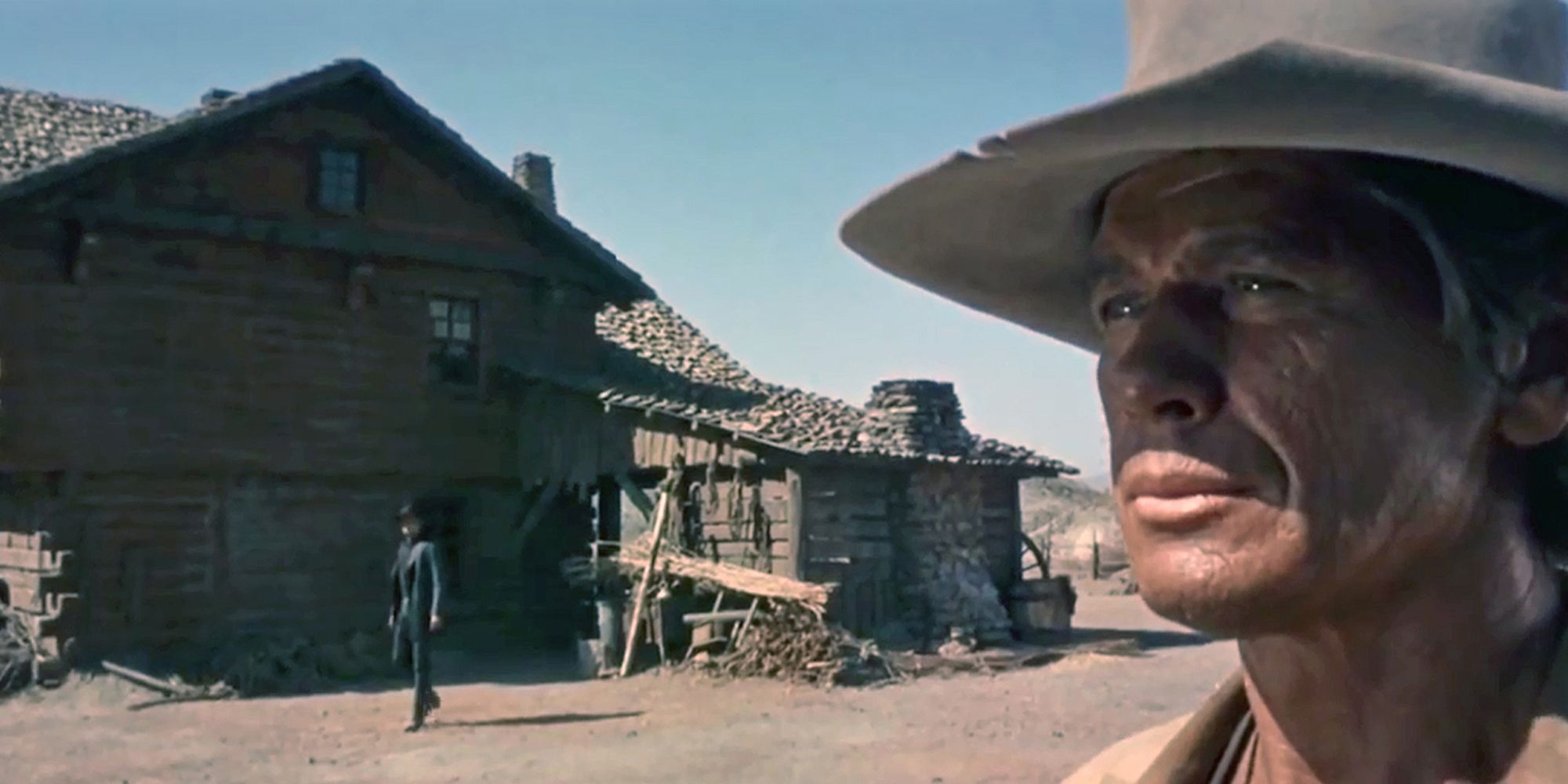 Charles Bronson as Harmonica, looking pensive in 'Once Upon a Time in the West'