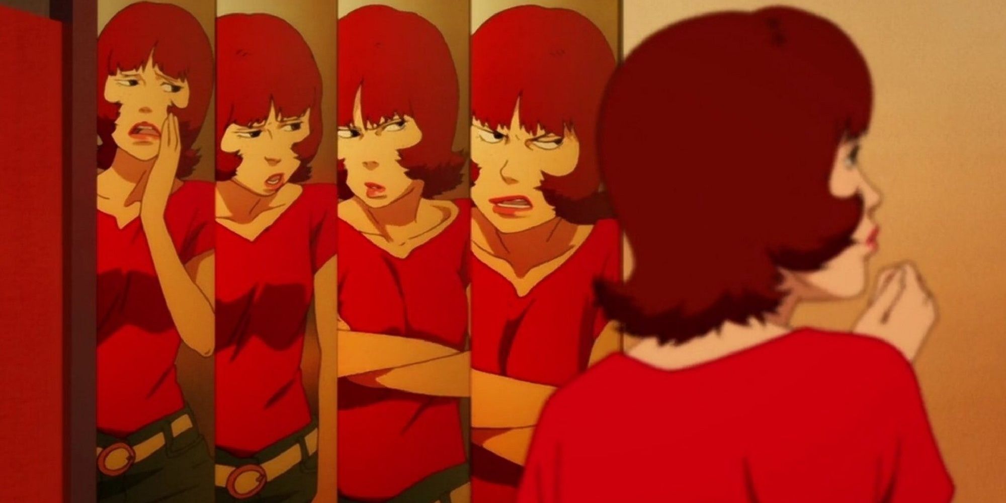 Paprika melihat versi dirinya di cermin dalam film Paprika.
