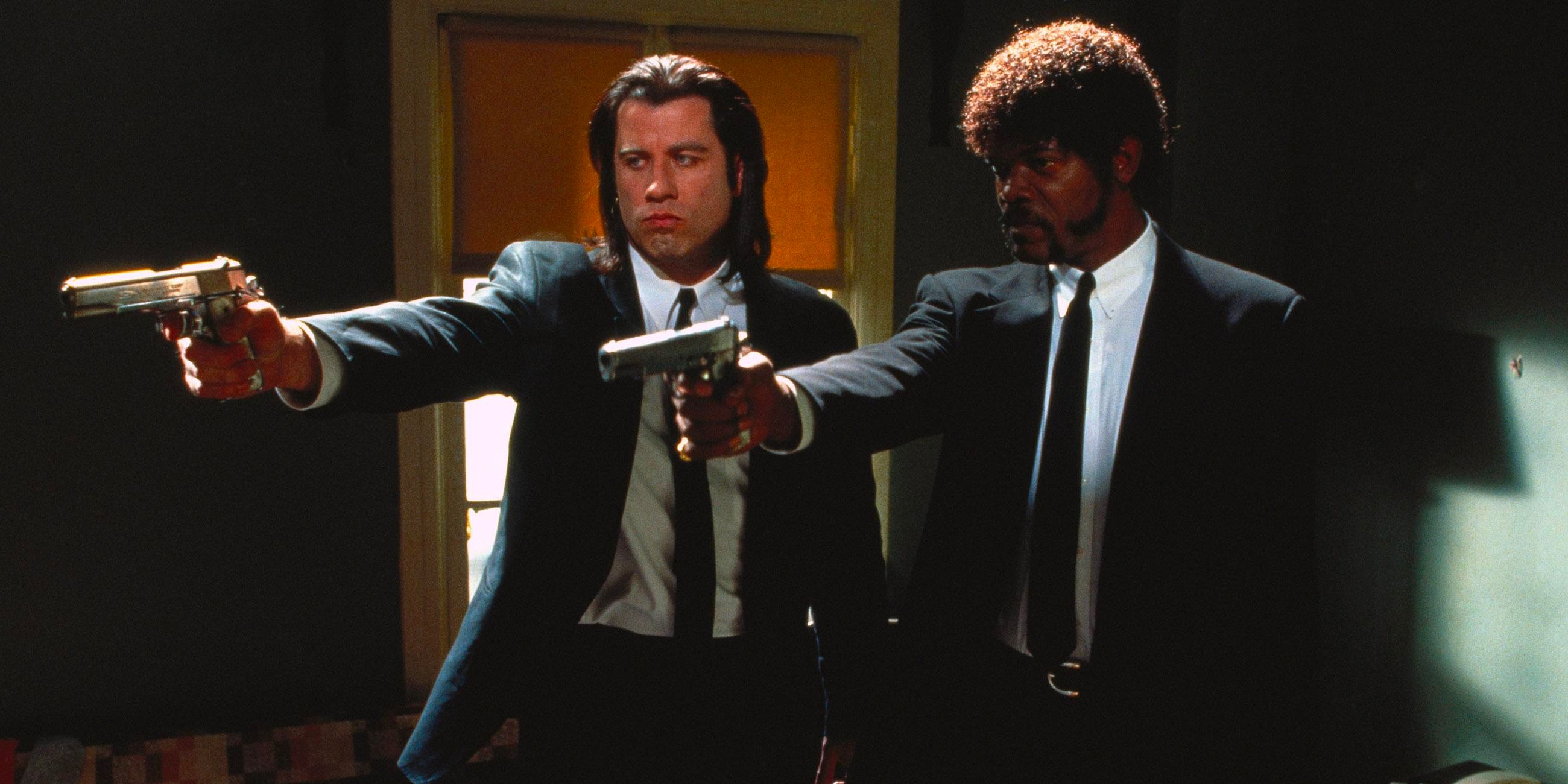 Hitmen Vincent Vega and Jules Winnfield shoot someone in an L.A. apartment building.