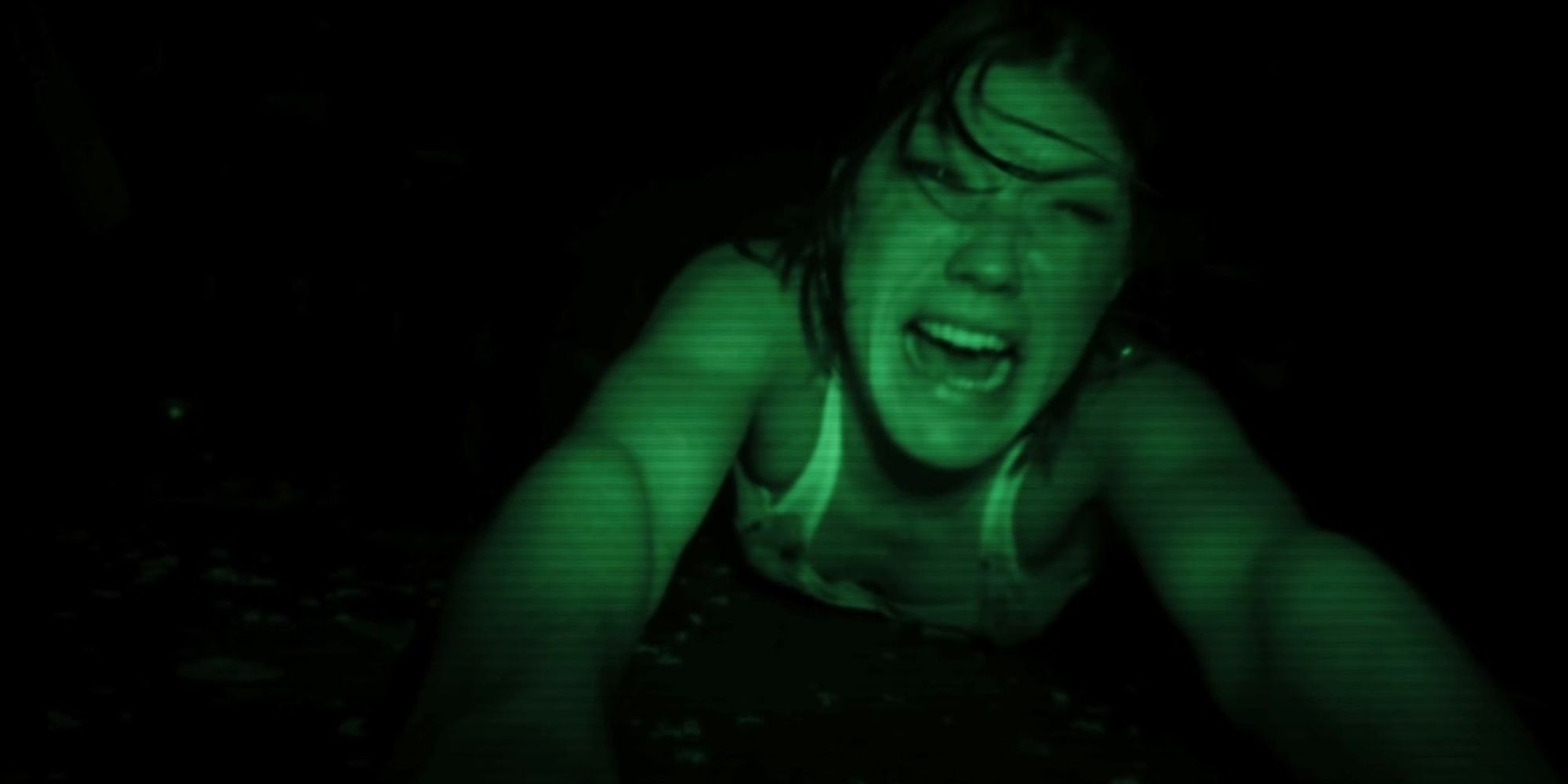 Jennifer Carpenter being dragged away through the lens of a camera's night vision mode in Quarantine