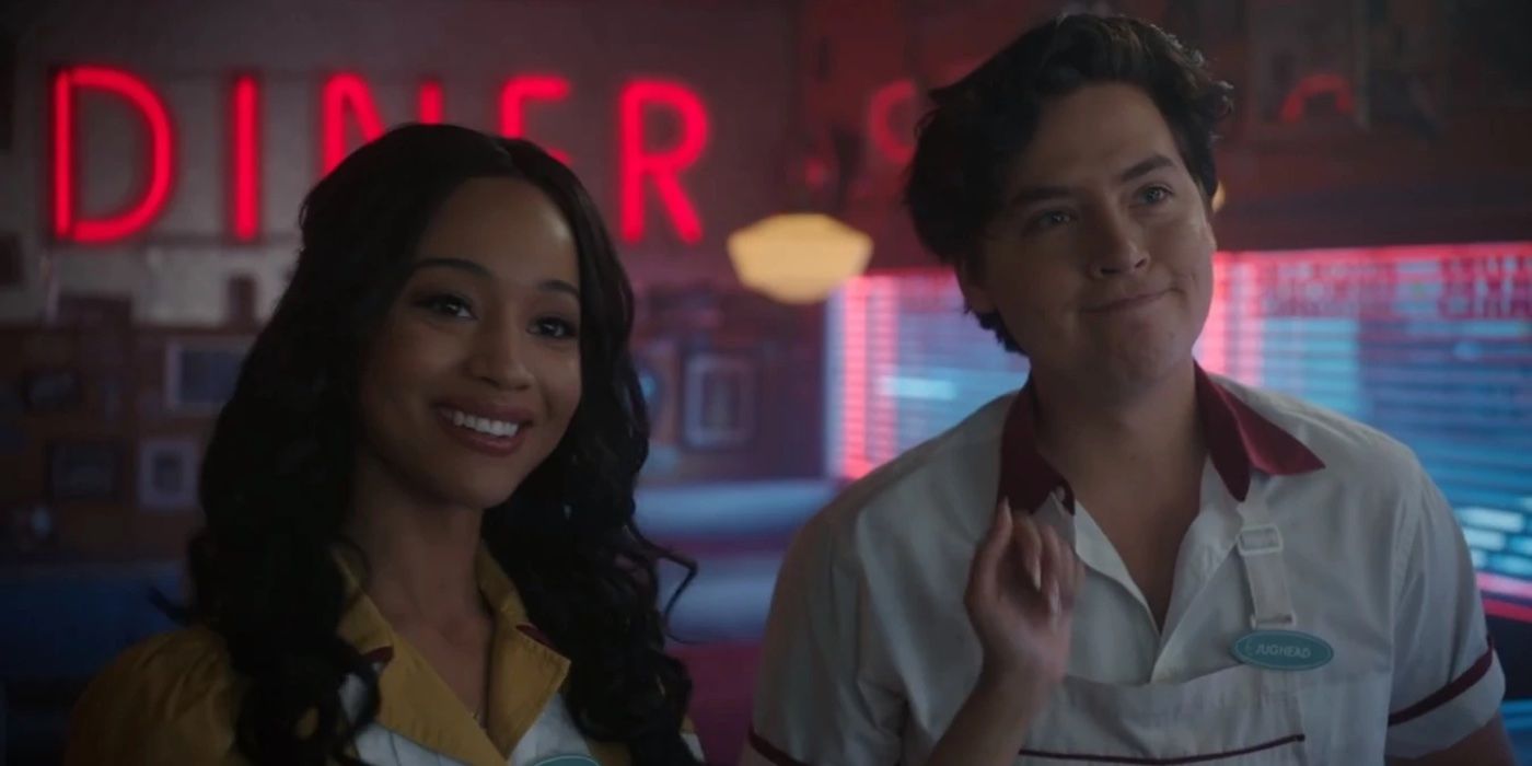 Jughead (Cole Sprouse) and Tabitha (Erinn Westbrook) smiling in Riverdale Season 5 Episode 18