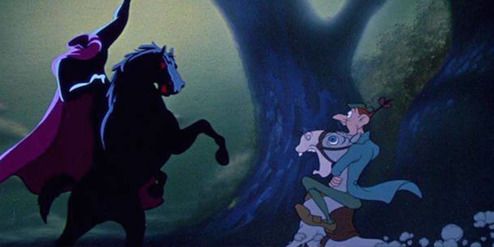 Ichabod Crane and his horse cross paths with the headless horseman in a dim, eerie woods.