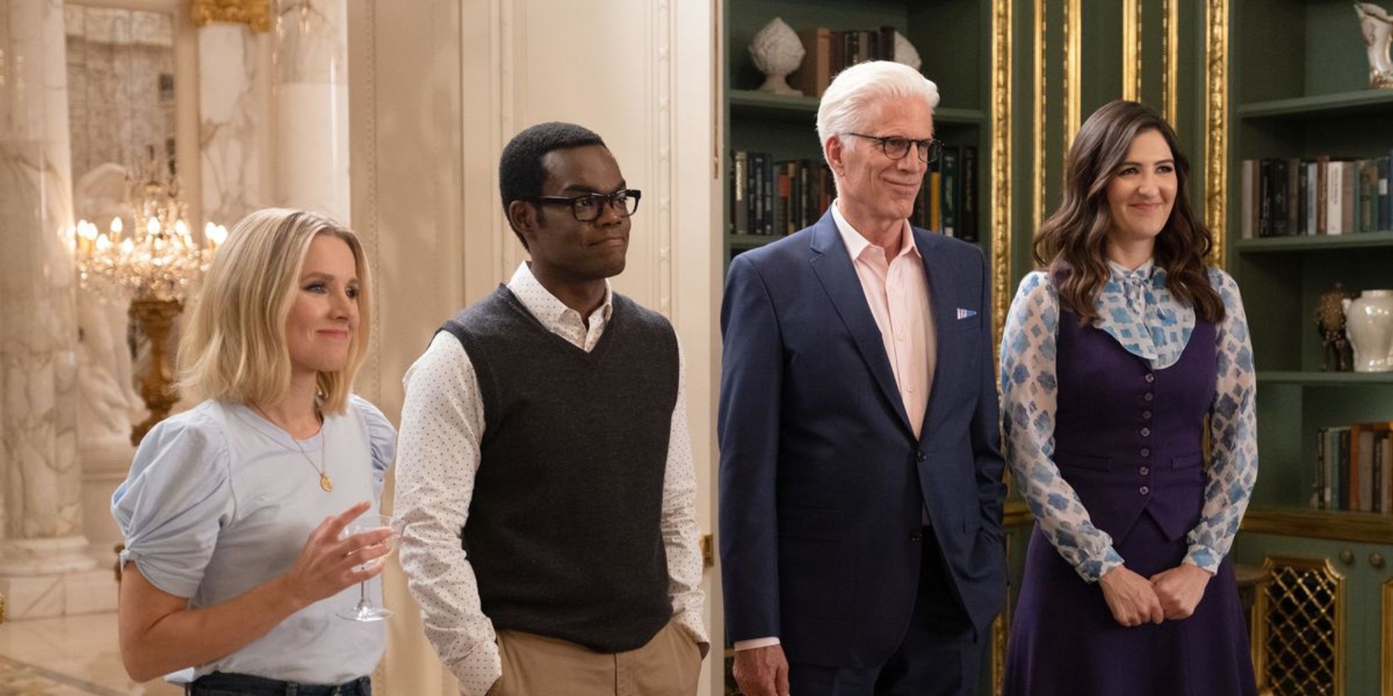 Eleanor, Chidi, Michael and Janet from The Good Place standing together