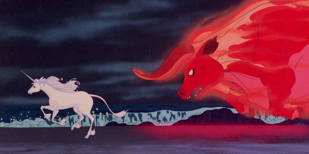 The unicorn fleeing from the Red Bull from The Last Unicorn