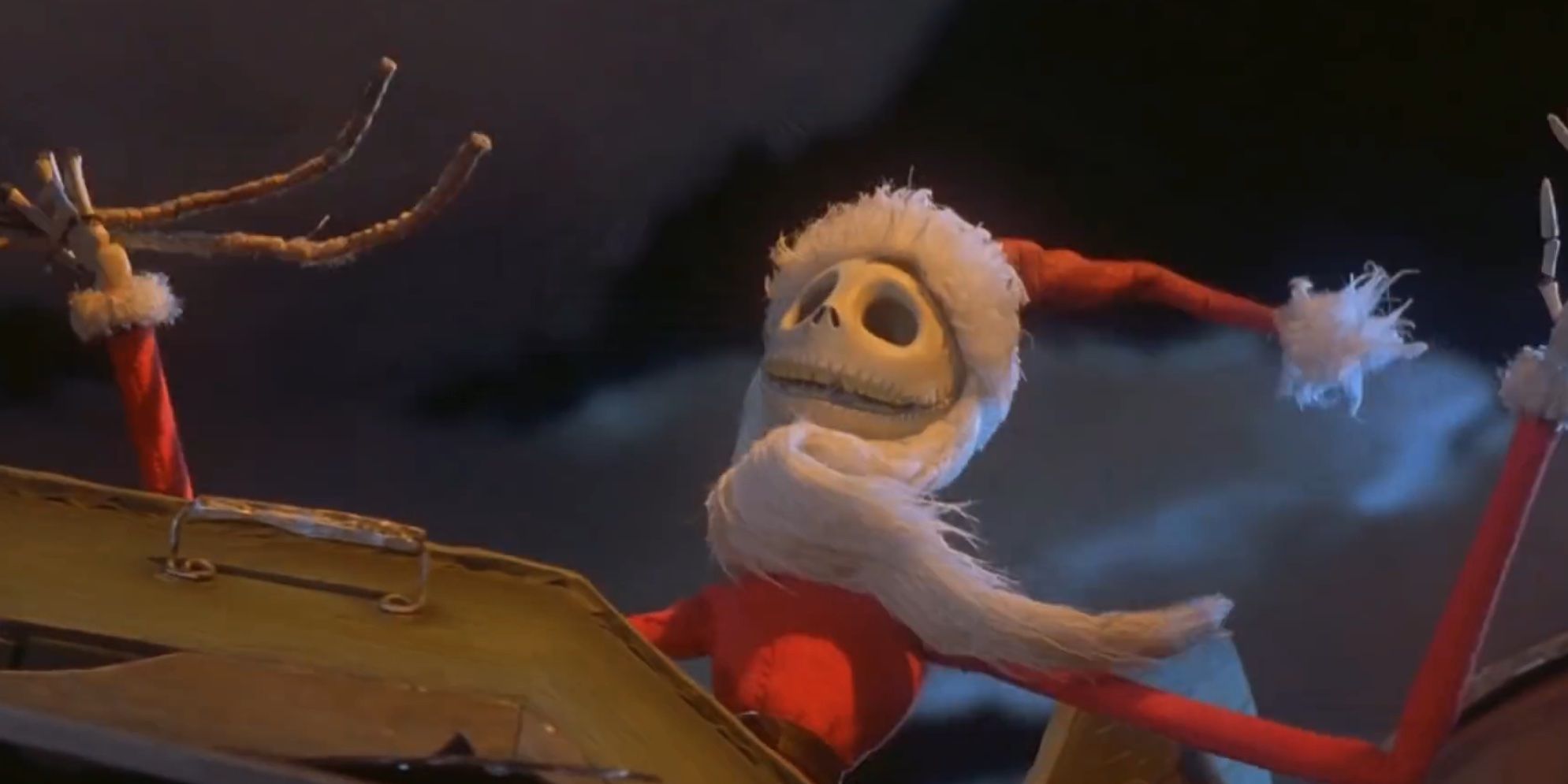 A skeleton dressed as Santa sitting in a sleigh in 'The Nightmare Before Christmas'