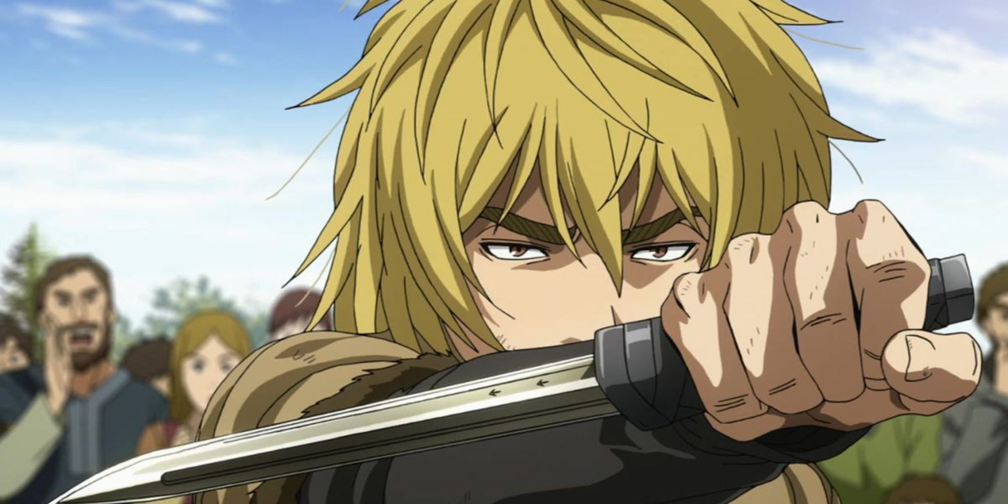 A character from Vinland Saga holds up a dagger in front of their face.