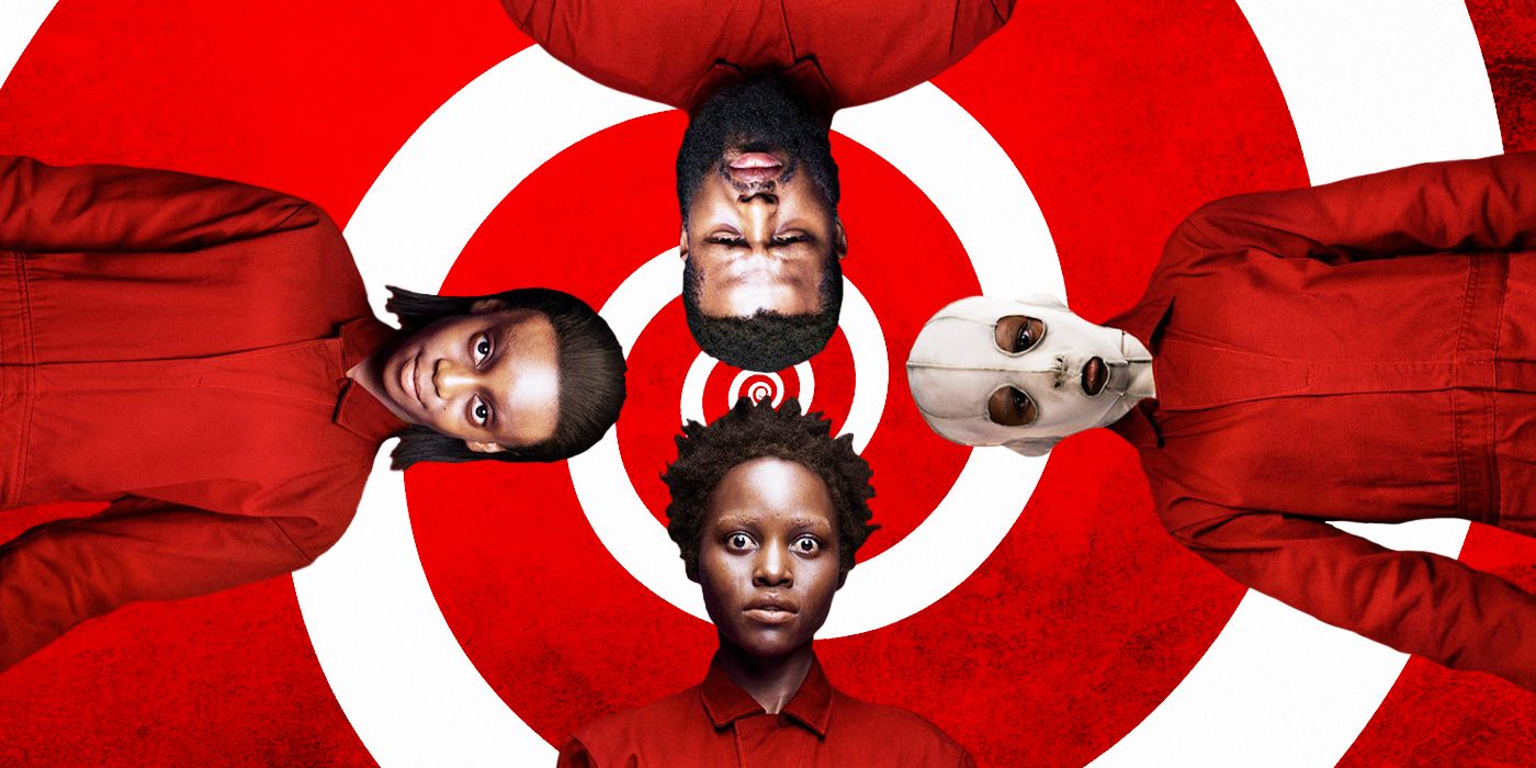 Lupita Nyong'o, Winston Duke, Evan Alex and Shahadi Wright Joseph standing in red jumpsuits on the bottom, top, right and left of the frame with a red and white spiral background