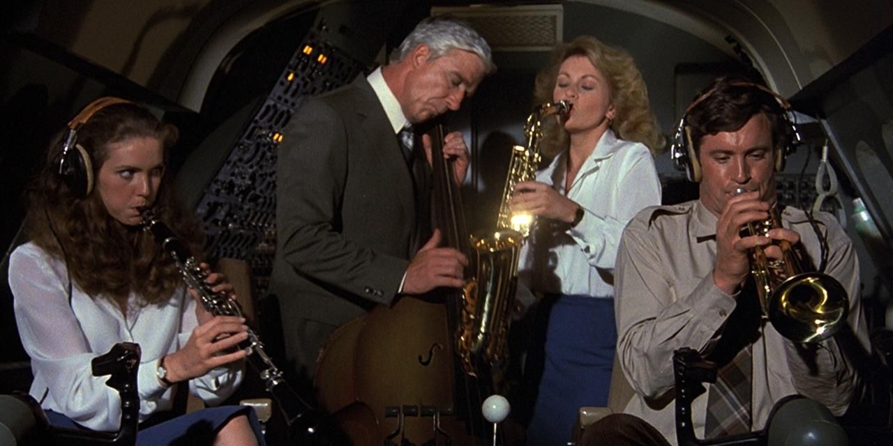 A group of people playing instruments in a cockpit in the movie Airplane!