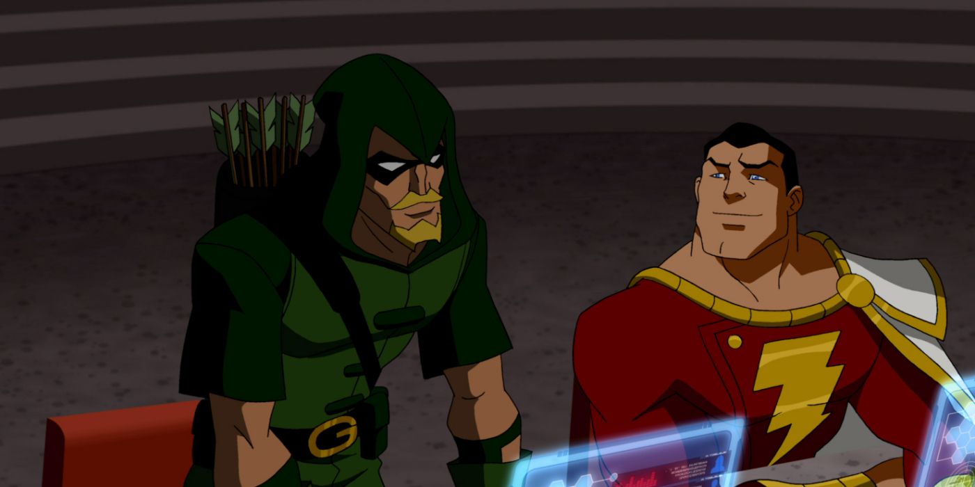 Alan Tudyk as Green Arrow standing next to Chad Lowe as Shazam in Young Justice
