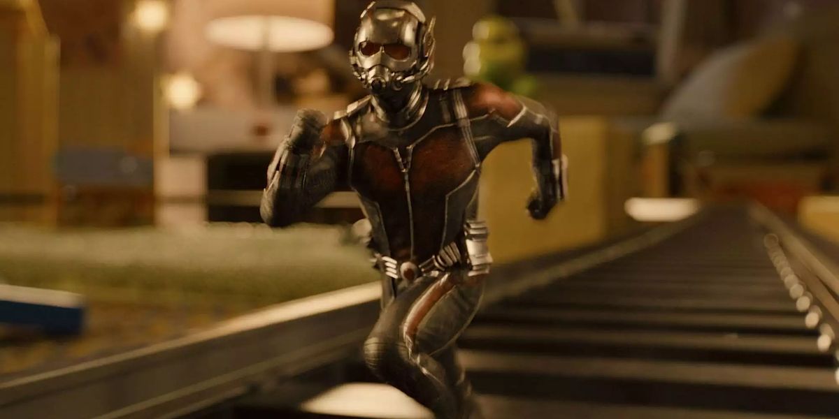 Ant-Man running along a train track