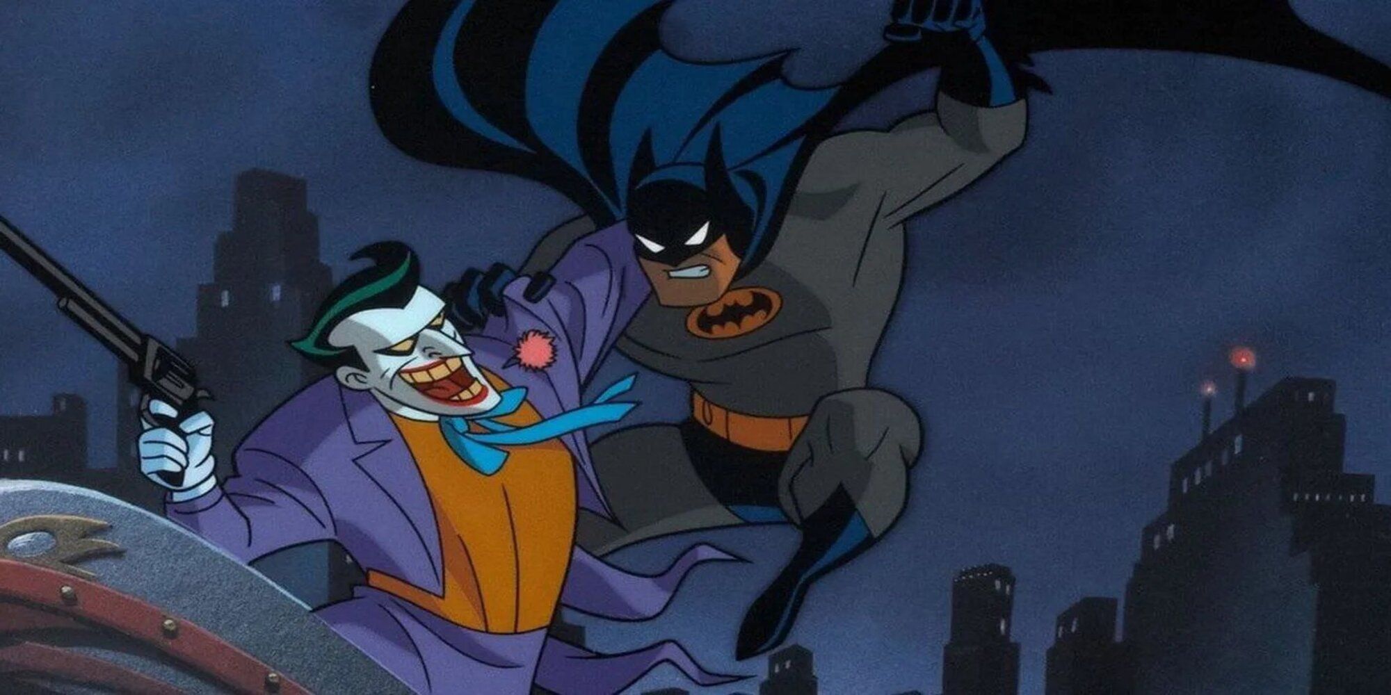 Batman and Joker fighting on a rooftop in Batman: The Animated Series