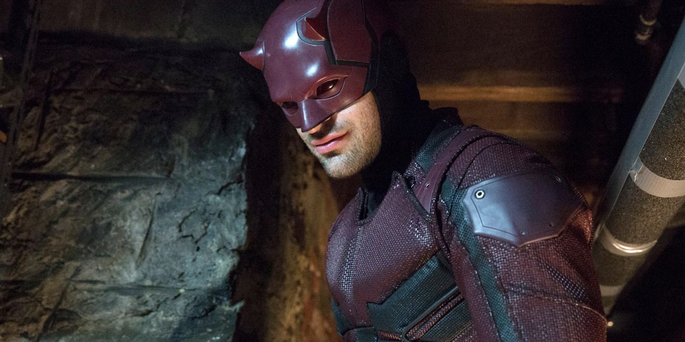 Close-up of Charlie Cox suited up as Daredevil in the Netflix series.