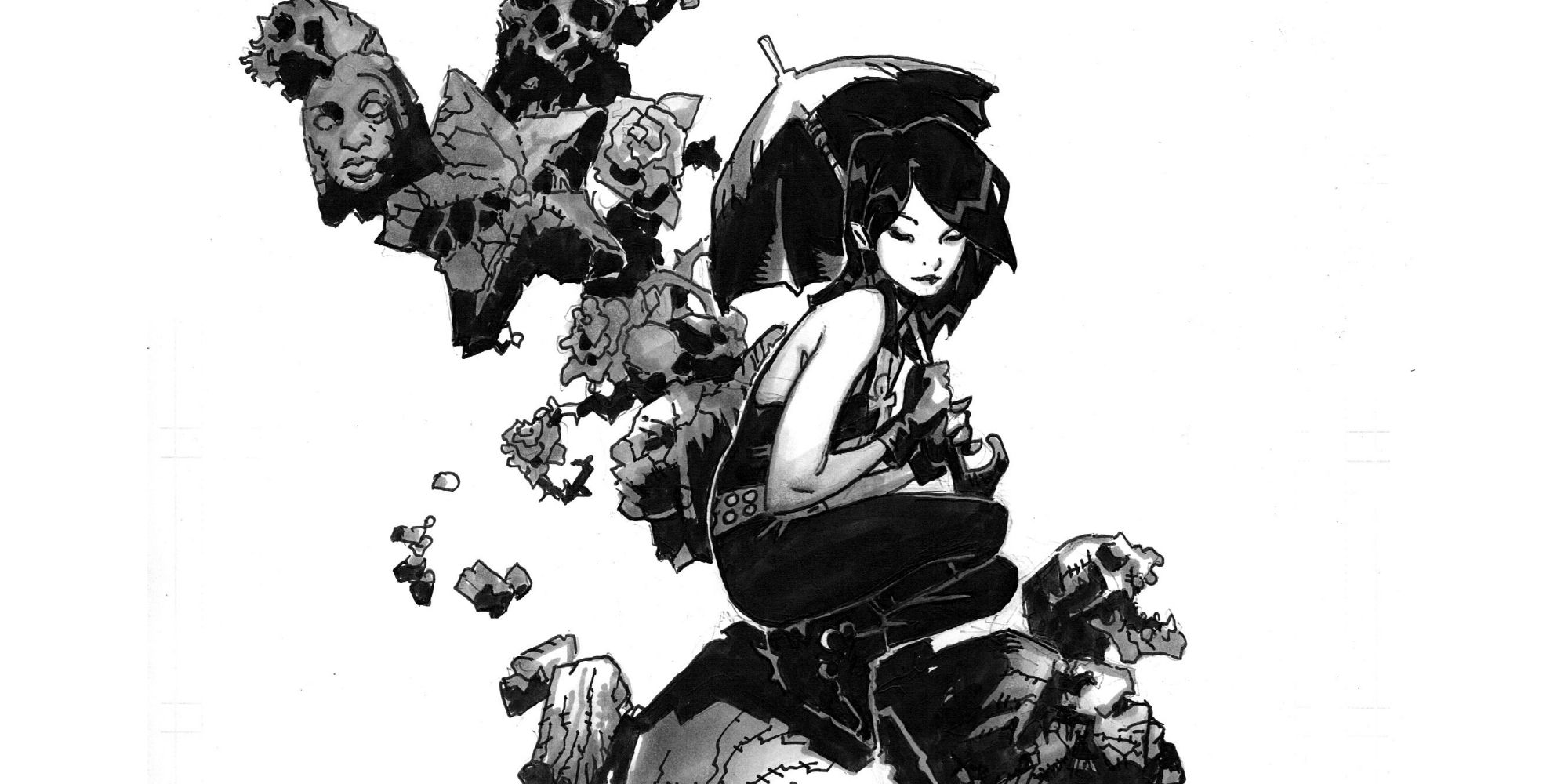 Death from 'The Sandman' comics in black and white