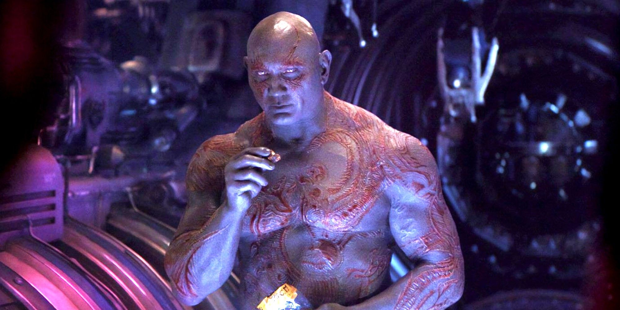 Dave Bautista eats chips as Drax in Avengers: Infinity War