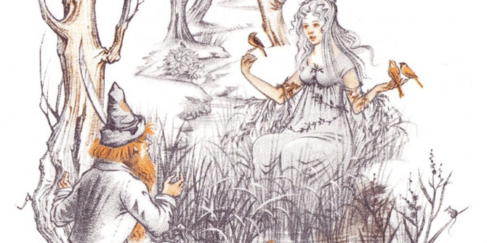 A black-and-white sketch with some red and yellow color: Tom Bombadil and Goldberry sitting by a river in a forest, birds sitting on Goldberry's fingers. By Pauline Baynes.