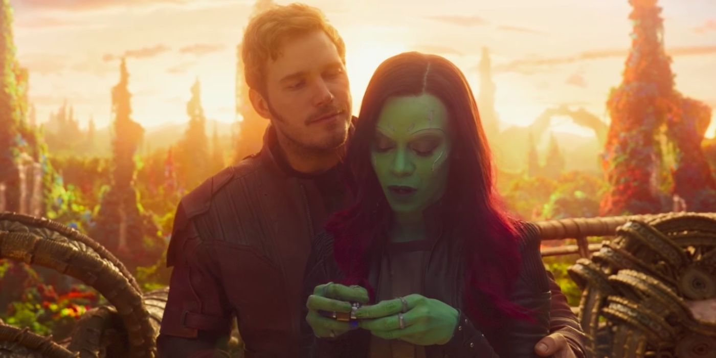 Star-Lord, played by Chris Pratt, and Gamora, played by Zoe Saldaña, sharing a heart-to-heart moment in Guardians of the Galaxy